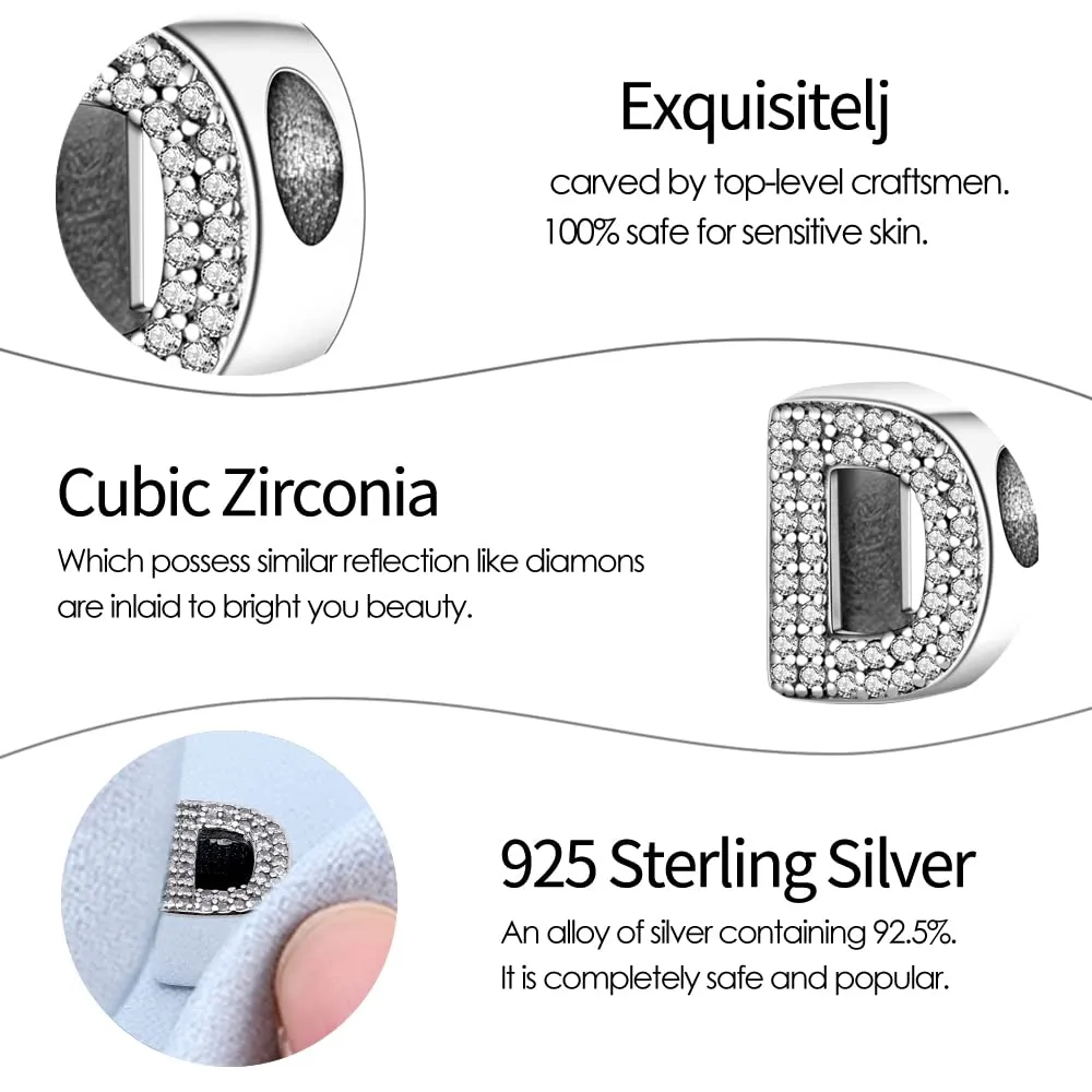 Pandach Bead Charm Ciondolo Argento Sterling 925 Lettere con Cubic Zirconia per Braccialetti e Collane Europei - immagine 5