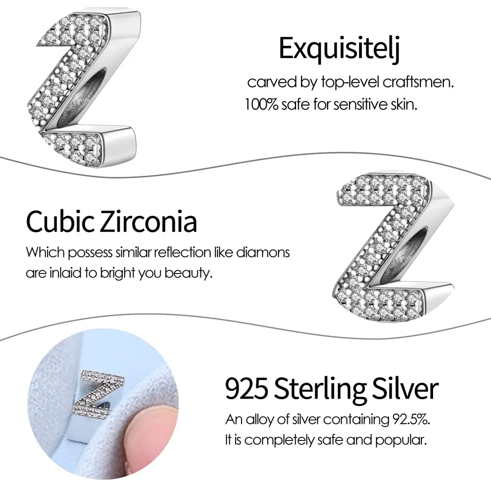 Pandach Bead Charm Ciondolo Argento Sterling 925 Lettere con Cubic Zirconia per Braccialetti e Collane Europei - immagine 5