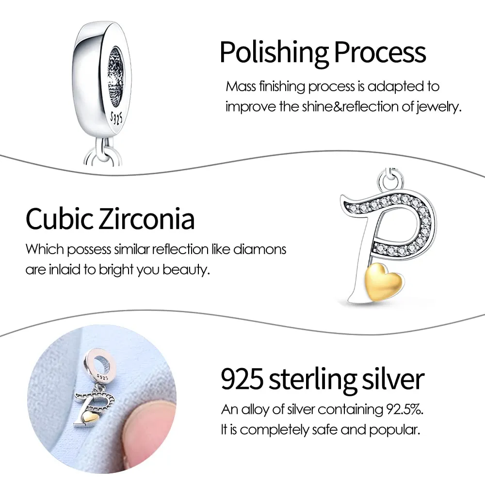 Pandach Bead Charm Ciondolo Argento Sterling 925 Lettere con Cubic Zirconia per Braccialetti e Collane Europei - immagine 5