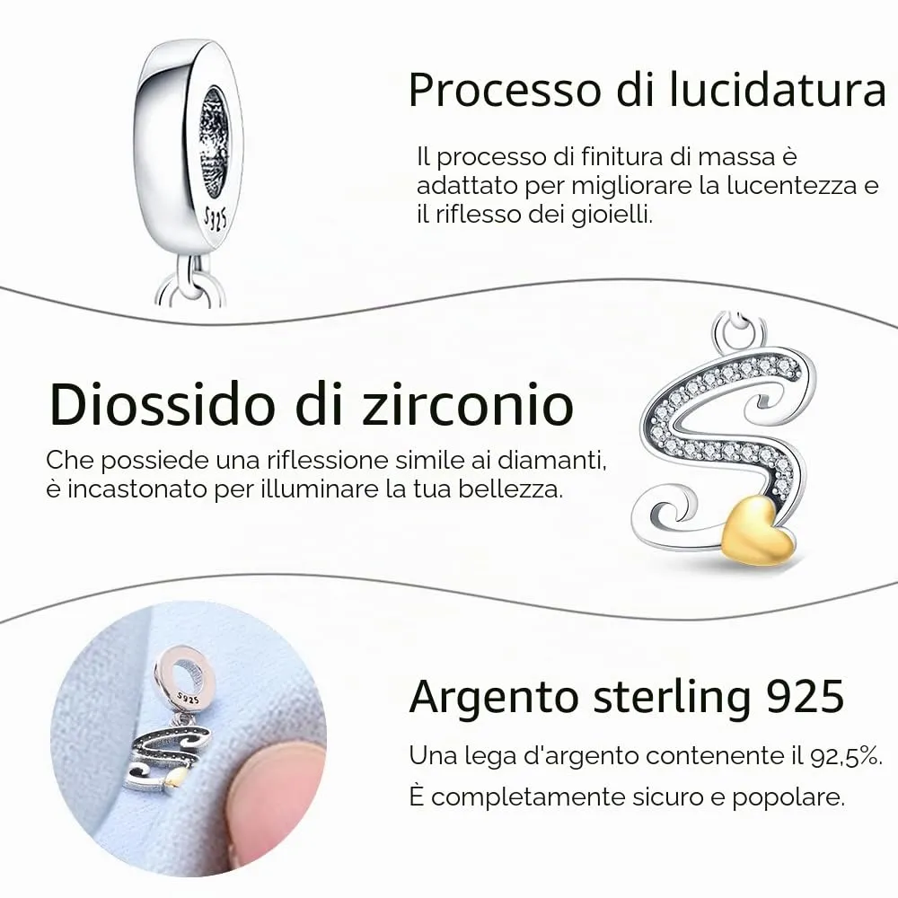 Pandach Bead Charm Ciondolo Argento Sterling 925 Lettere con Cubic Zirconia per Braccialetti e Collane Europei - immagine 4