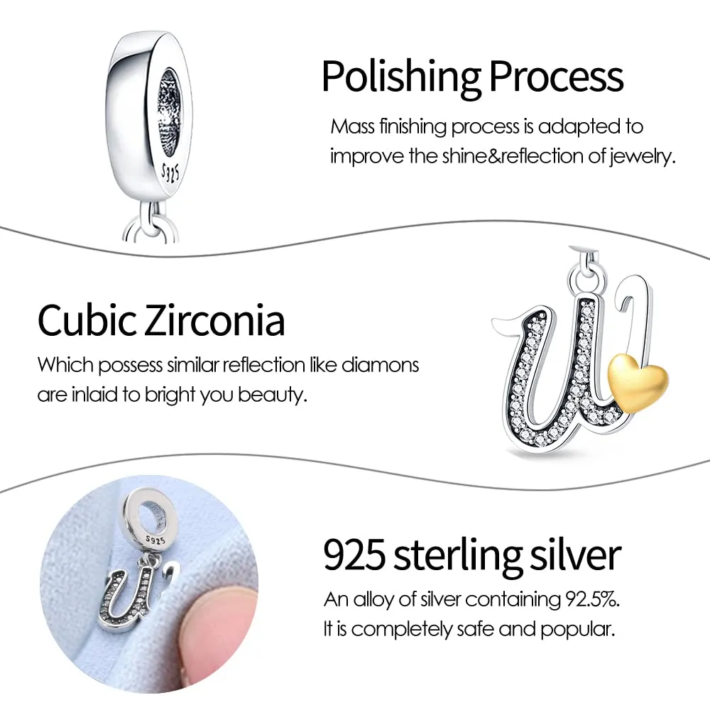 Pandach Bead Charm Ciondolo Argento Sterling 925 Lettere con Cubic Zirconia per Braccialetti e Collane Europei - immagine 3