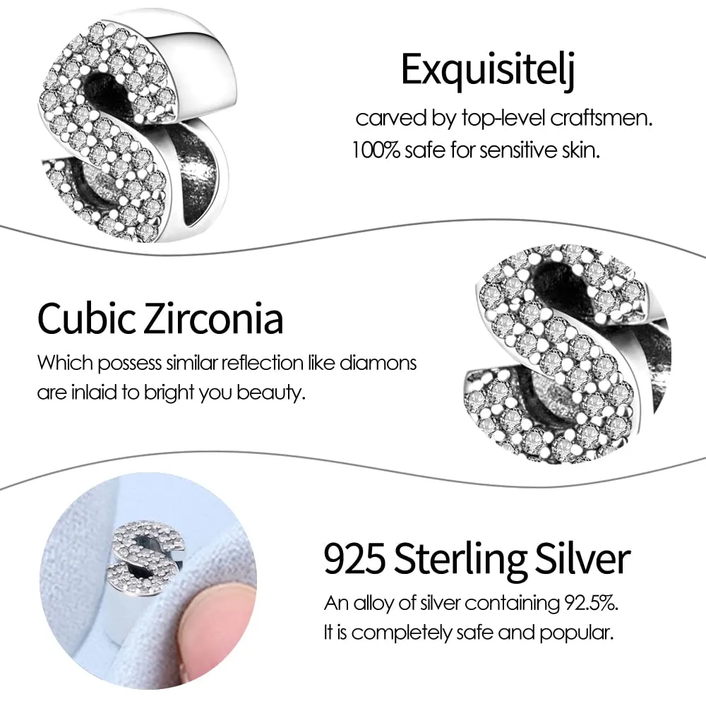 Pandach Bead Charm Ciondolo Argento Sterling 925 Lettere con Cubic Zirconia per Braccialetti e Collane Europei - immagine 6