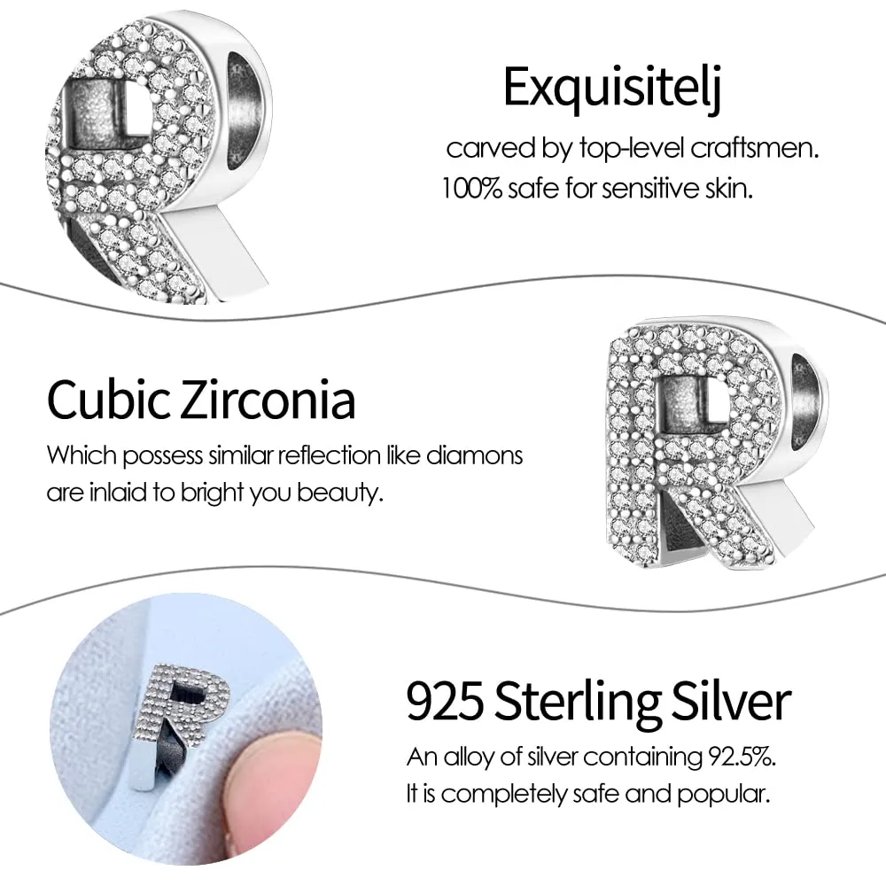 Pandach Bead Charm Ciondolo Argento Sterling 925 Lettere con Cubic Zirconia per Braccialetti e Collane Europee - immagine 6