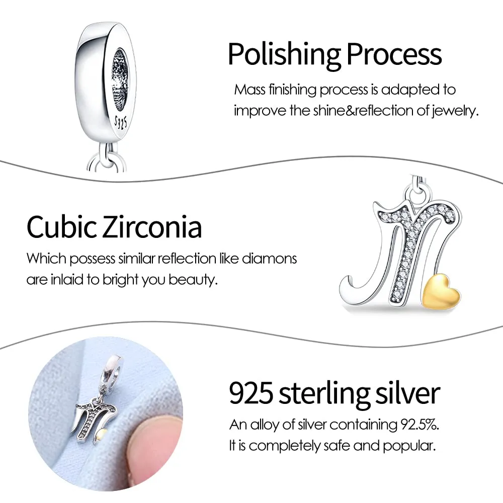 Pandach Bead Charm Argento Sterling 925 Lettere con Cubic Zirconia per Braccialetti e Collane Europei - immagine 3