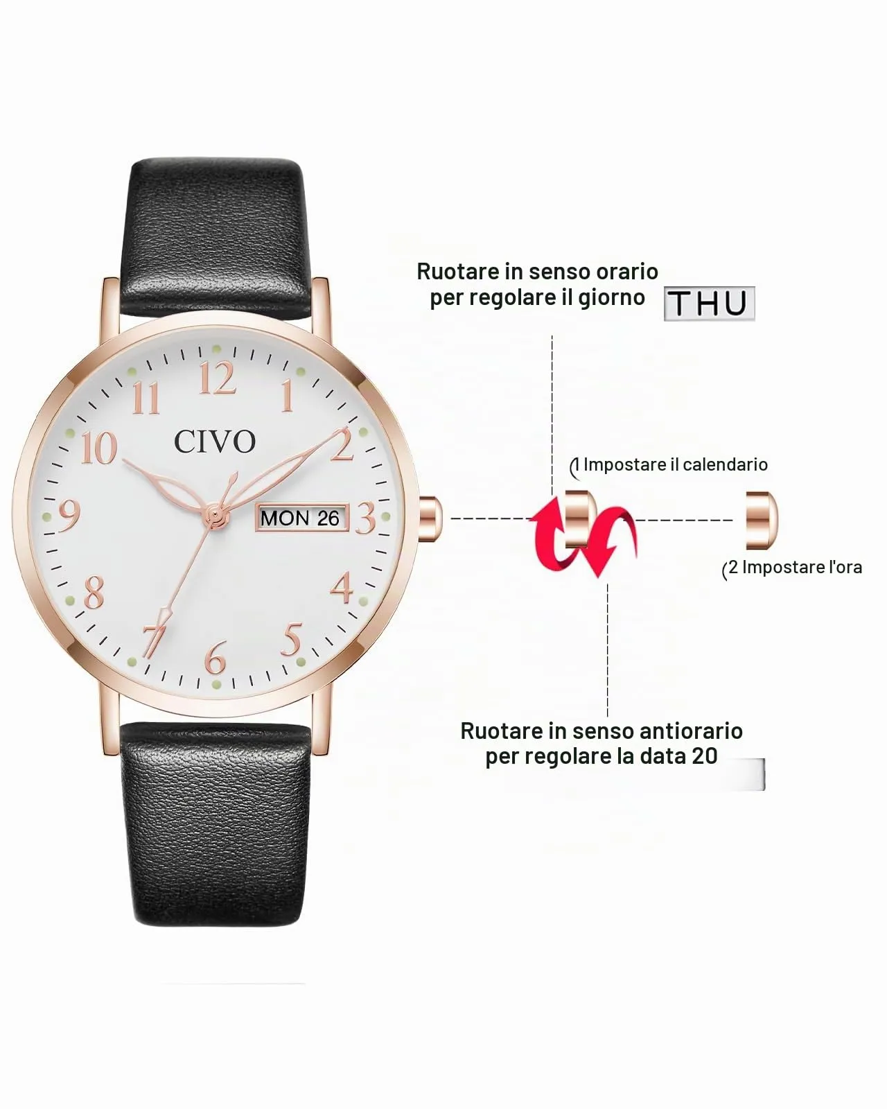 CIVO Orologio Donna Analogico 35mm Quadrante Grande Numeri - Nero - immagine 5