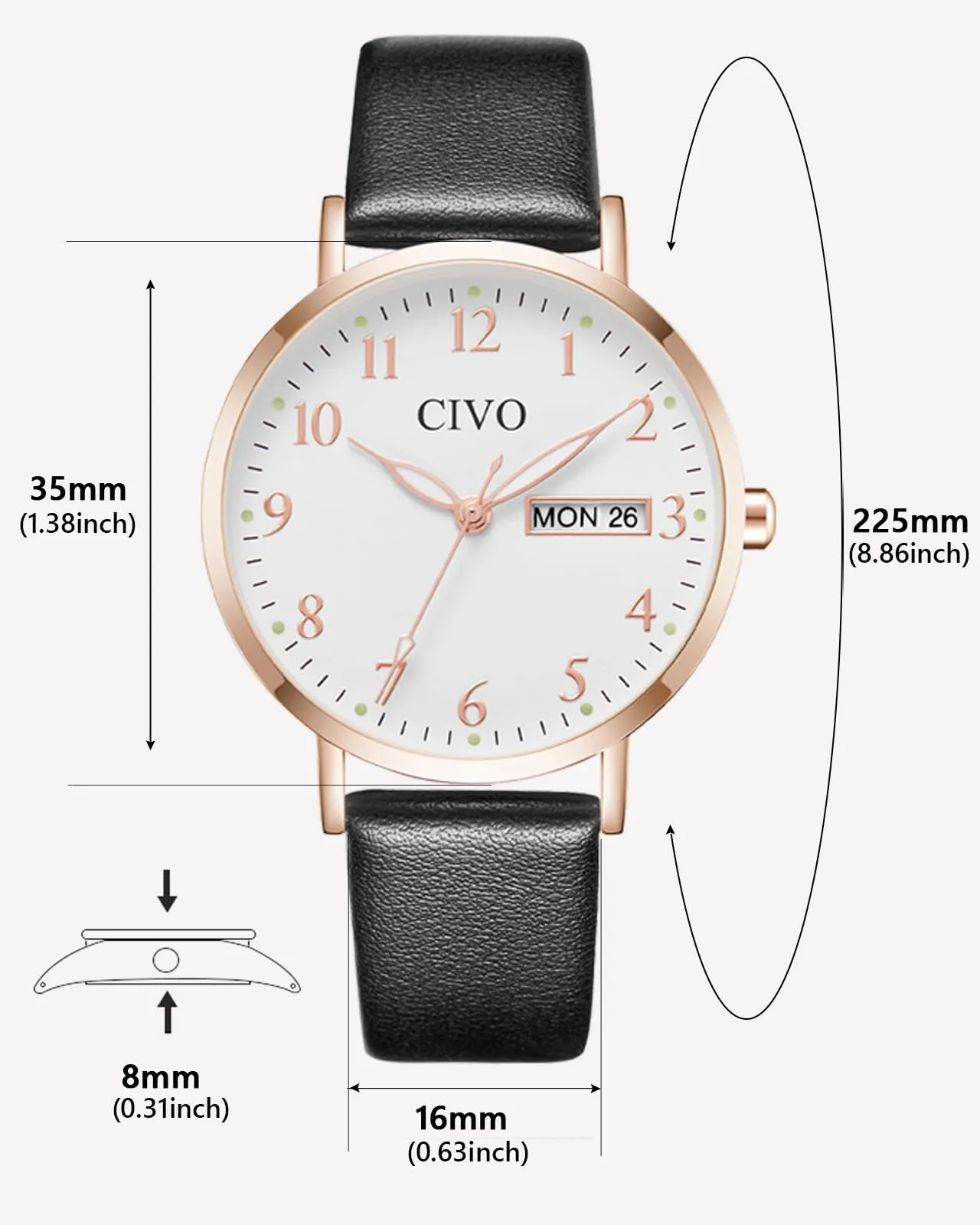 CIVO Orologio Donna Analogico 35mm Quadrante Grande Numeri - Nero - immagine 8
