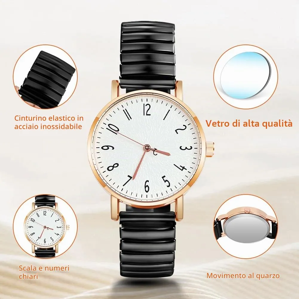 AOOSU Orologio Analogico da Donna con Cinturino in Metallo Elastico, Nero - immagine 3