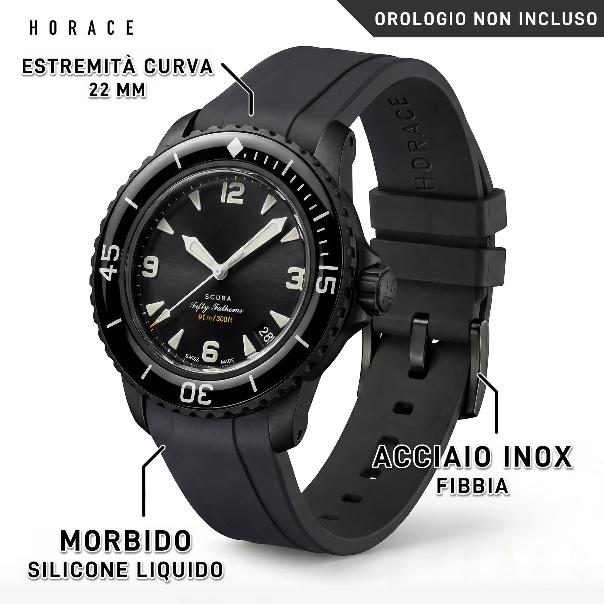 HORACE Cinturino per orologio 22 mm in Silicone Liquido per Blancpain x Swatch Scuba Fifty Fathoms (Nero) - immagine 2
