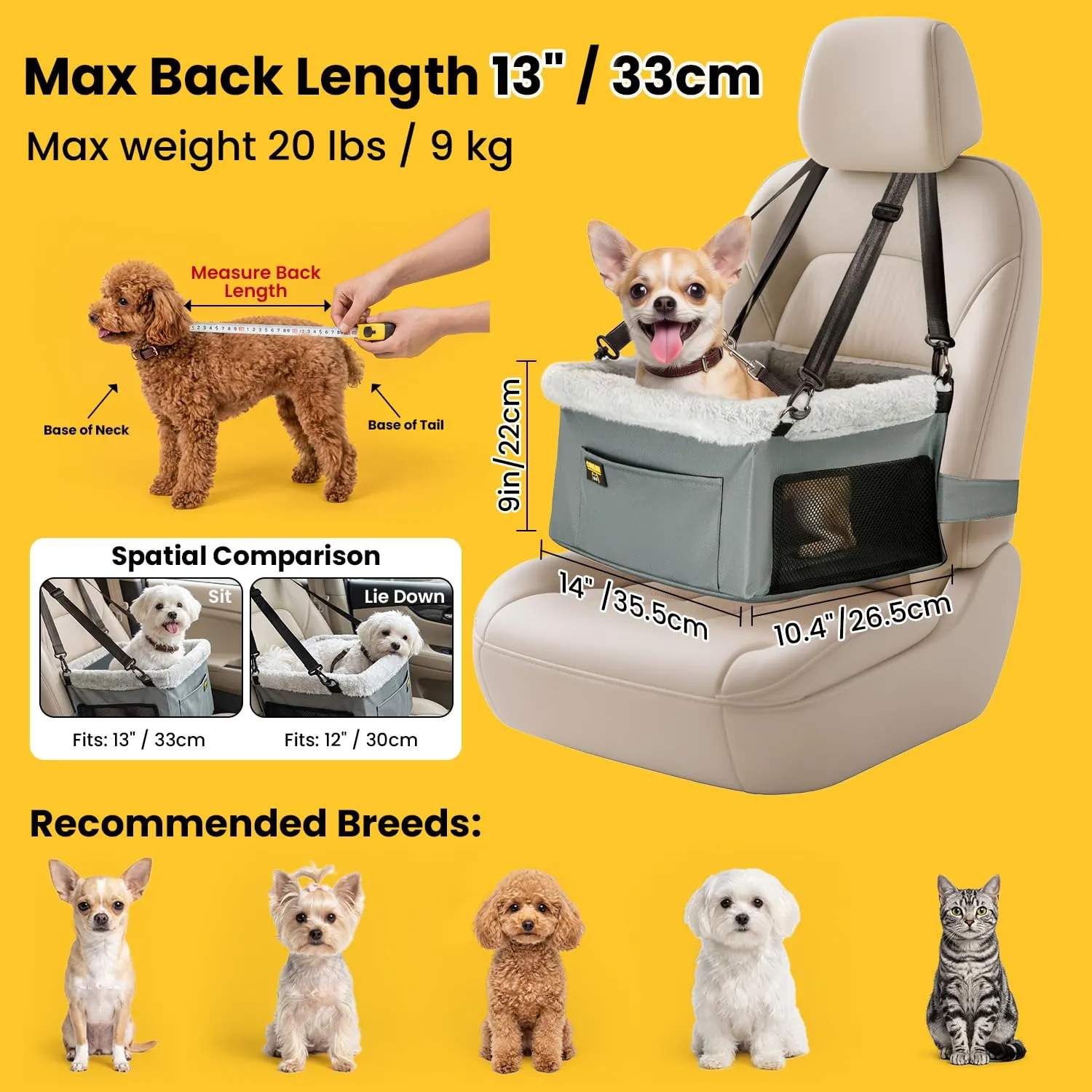 Conlun Seggiolino Auto per Cani e Gatti Piccola Taglia, Telaio in Acciaio, fino a 9 kg (40x33x22 cm) - immagine 2