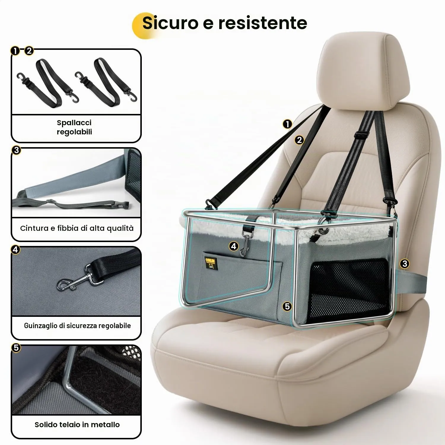 Conlun Seggiolino Auto per Cani e Gatti Piccola Taglia, Telaio in Acciaio, fino a 9 kg (40x33x22 cm) - immagine 4