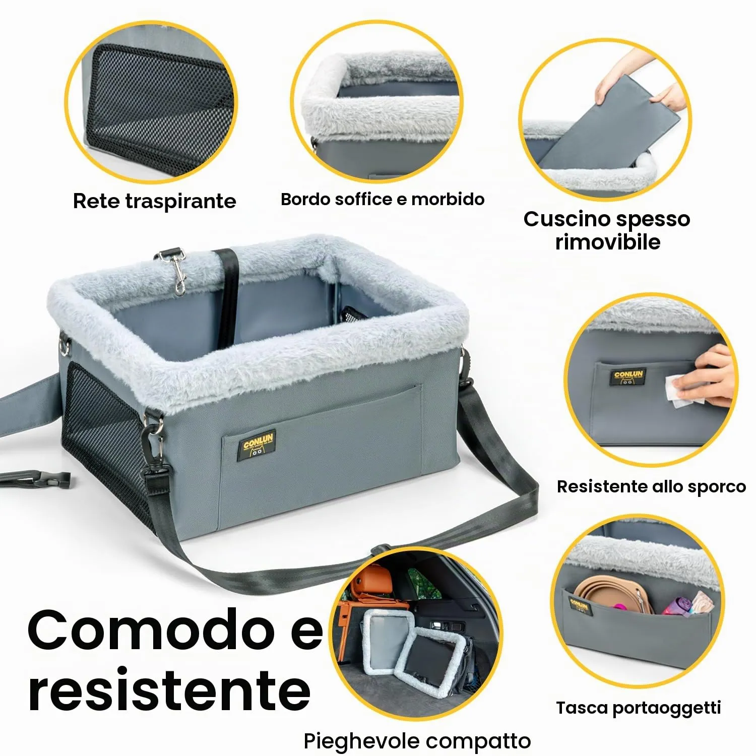 Conlun Seggiolino Auto per Cani e Gatti Piccola Taglia, Telaio in Acciaio, fino a 9 kg (40x33x22 cm) - immagine 5