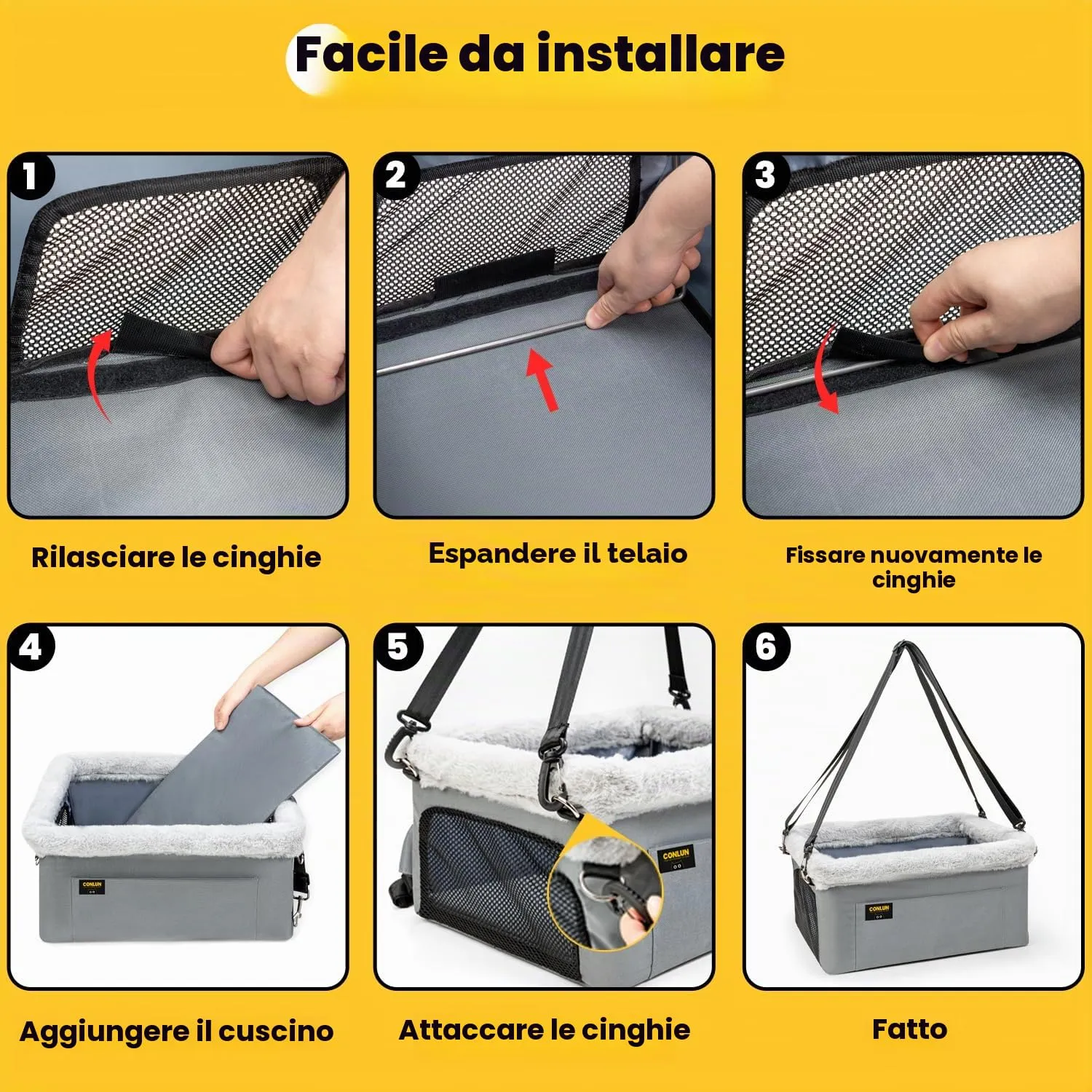 Conlun Seggiolino Auto per Cani e Gatti Piccola Taglia, Telaio in Acciaio, fino a 9 kg (40x33x22 cm) - immagine 8