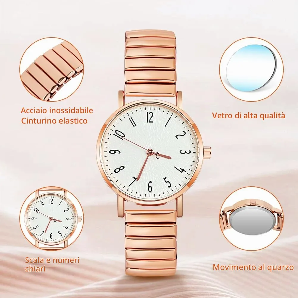 AOOSU Orologio Analogico da Donna con Cinturino in Metallo Elastico, Oro - immagine 3