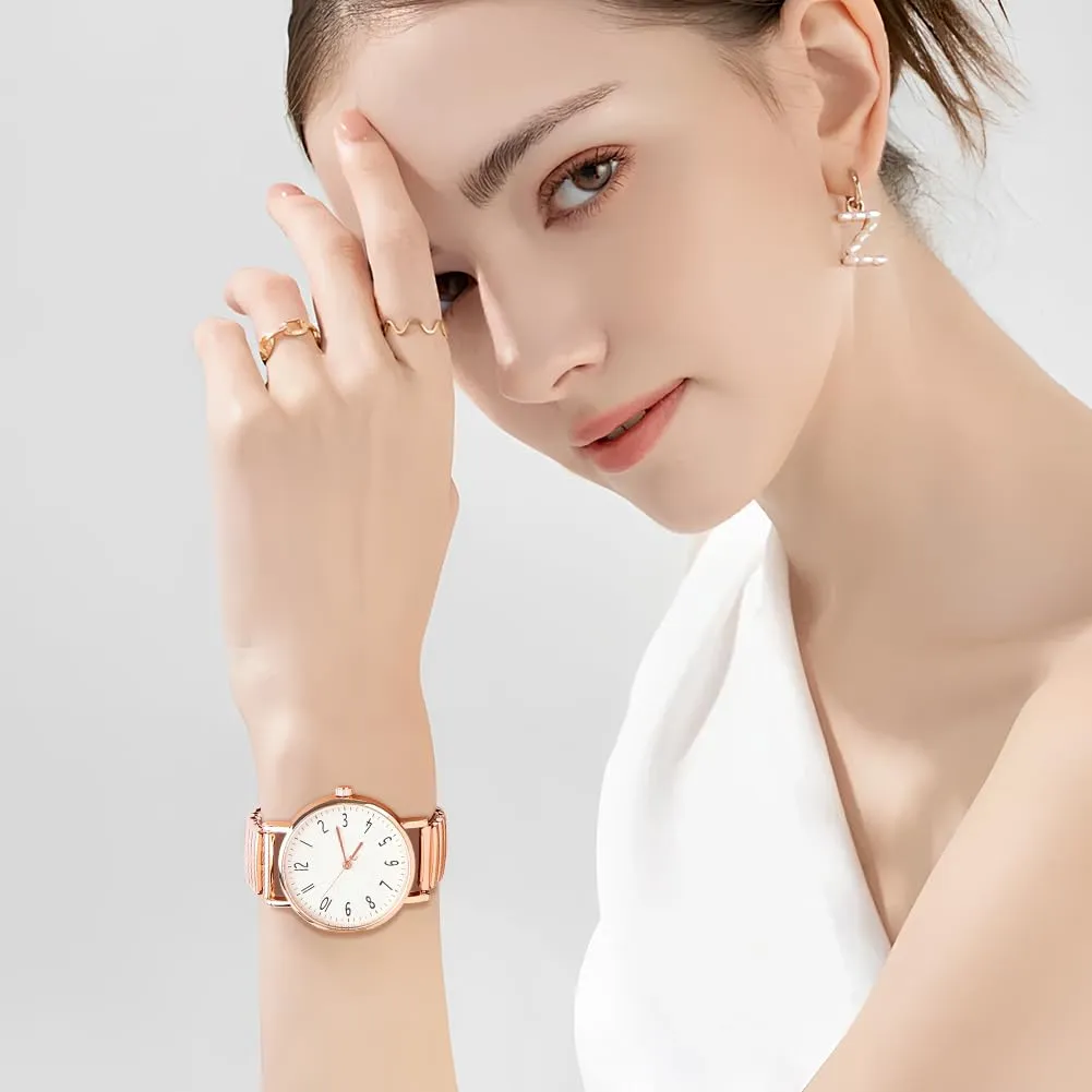 AOOSU Orologio Analogico da Donna con Cinturino in Metallo Elastico, Oro - immagine 4