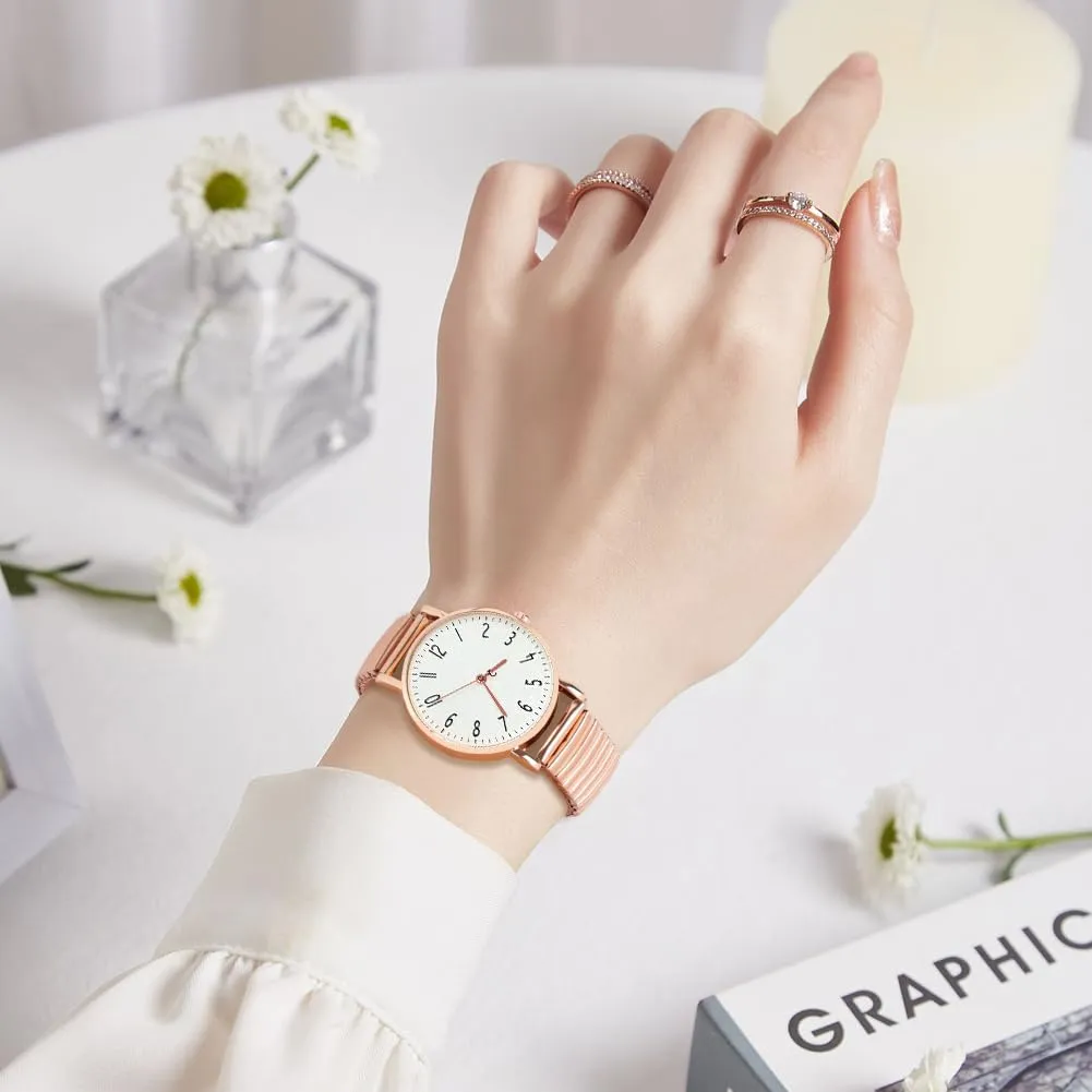 AOOSU Orologio Analogico da Donna con Cinturino in Metallo Elastico, Oro - immagine 5