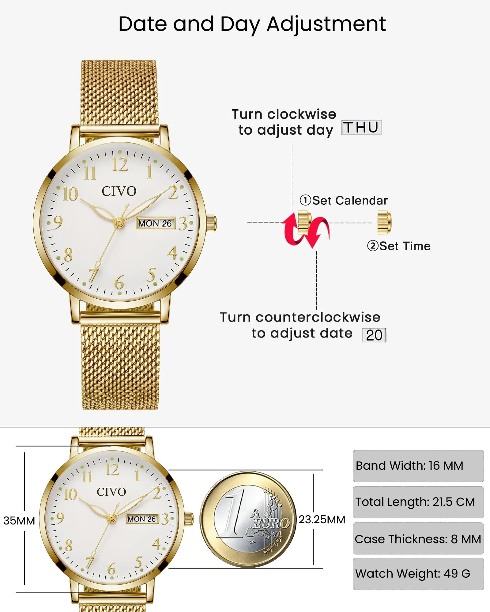 CIVO Orologio Donna Analogico Quadrante 35mm Numeri Grandi 2408m-gold - immagine 4
