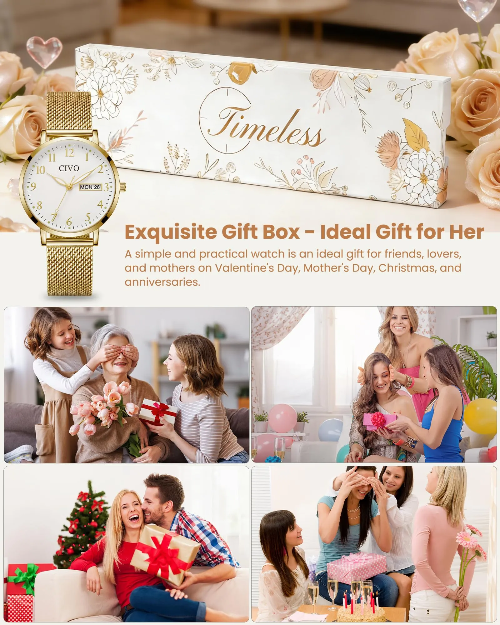CIVO Orologio Donna Analogico Quadrante 35mm Numeri Grandi 2408m-gold - immagine 5