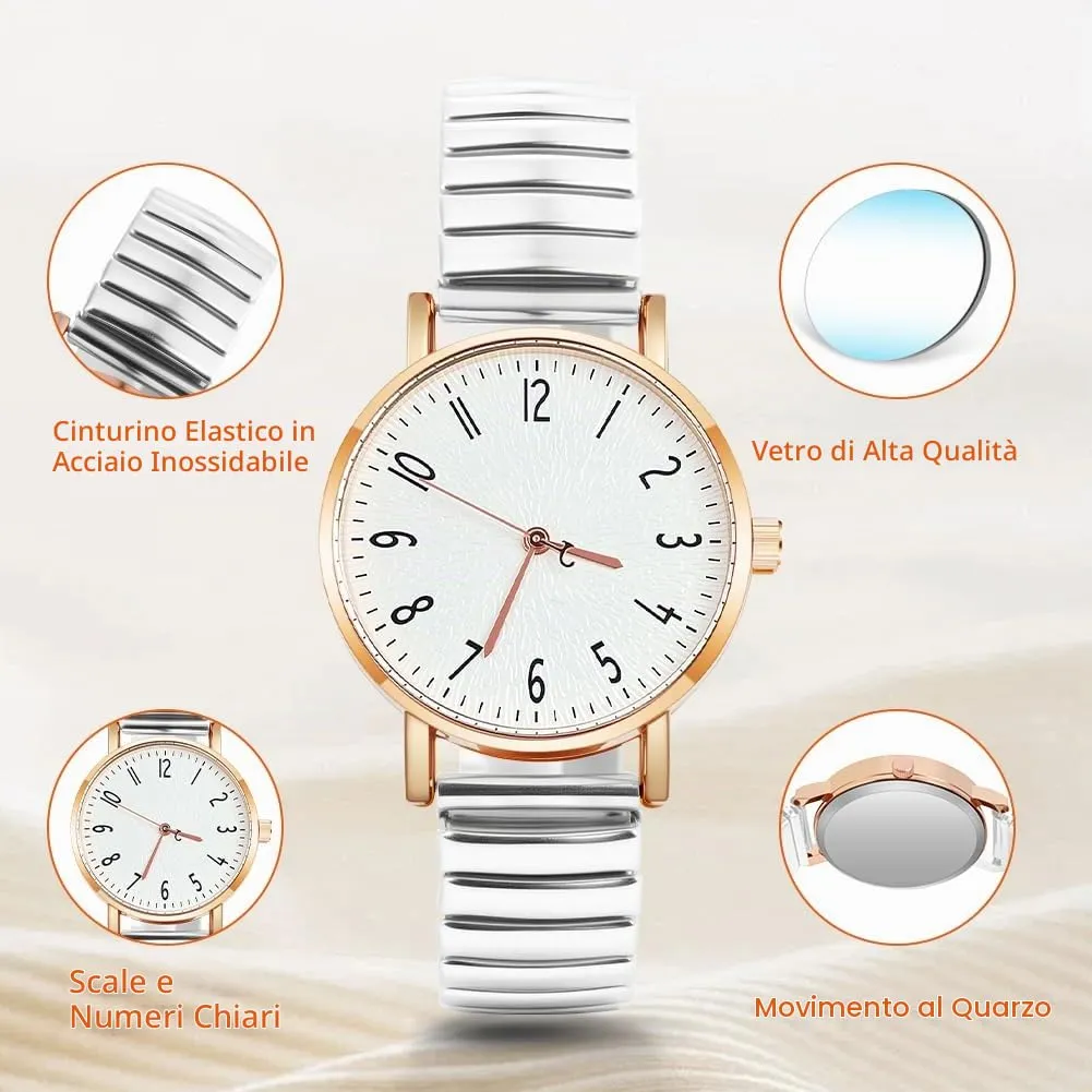 AOOSU Orologio Analogico da Donna con Cinturino in Metallo Elastico, Bianco - immagine 3