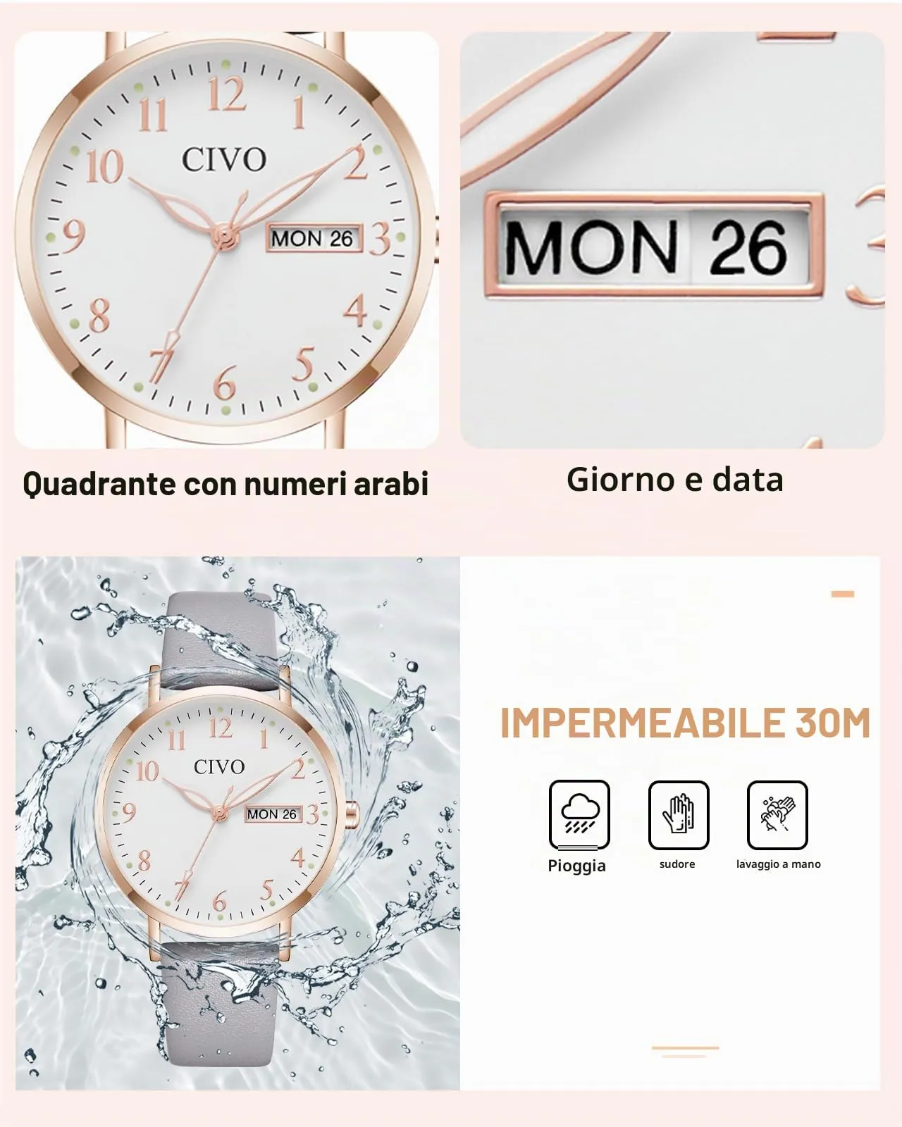 CIVO Orologio Donna Analogico 35mm Quadrante Grande Numeri 2408C-3 - immagine 7