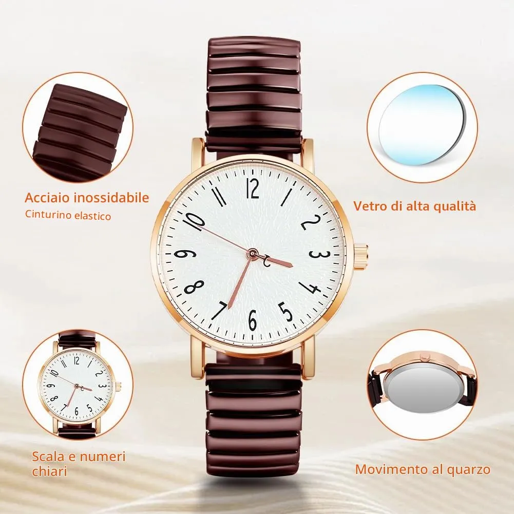 AOOSU Orologio Analogico da Donna con Cinturino in Metallo Elastico, Marrone - immagine 3