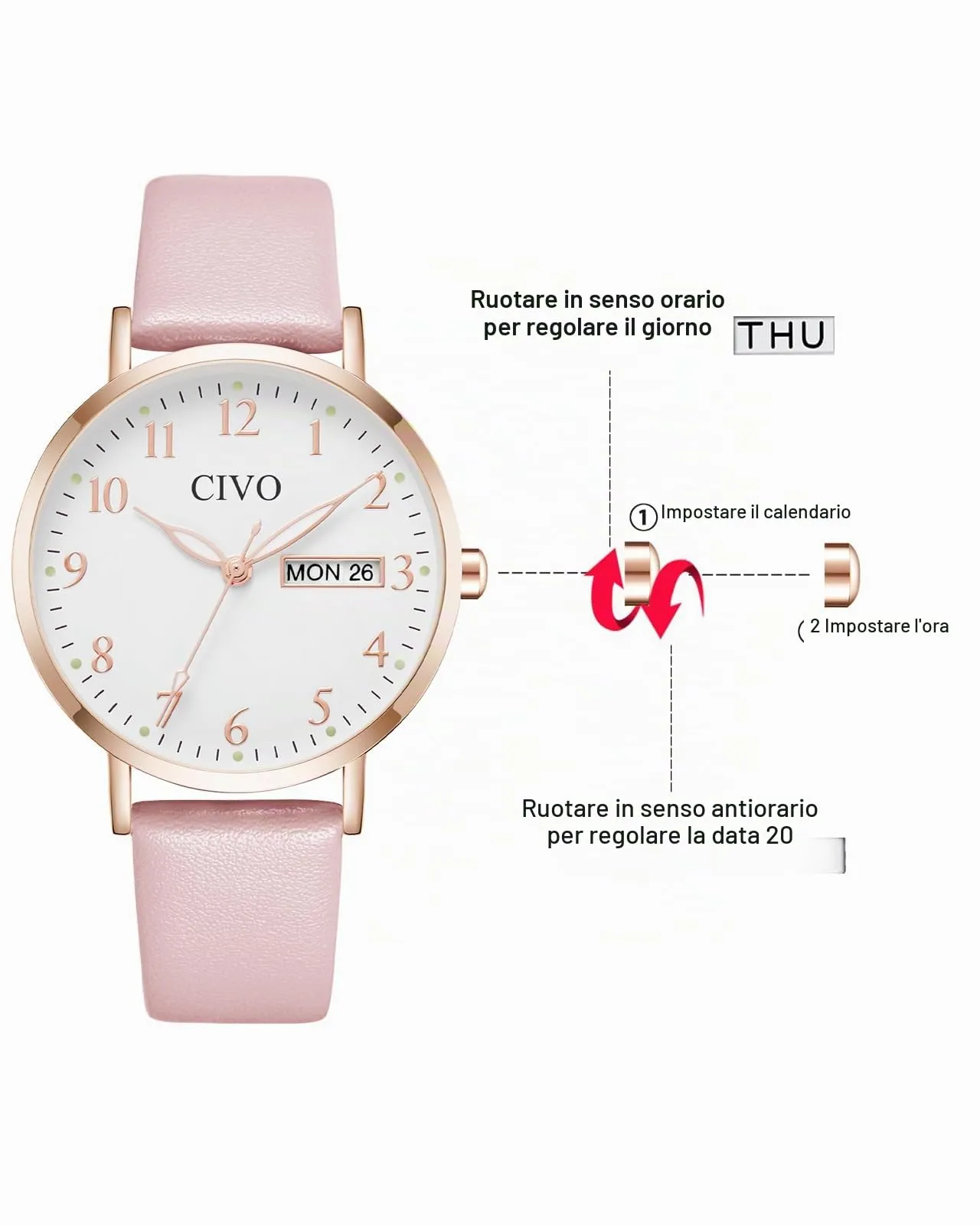 CIVO Orologio Donna Analogico 35mm Quadrante Grande Numeri Rosa 2408C - immagine 5