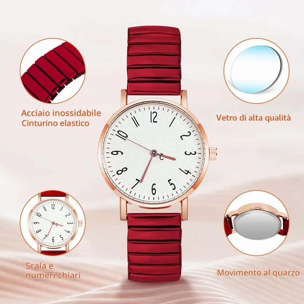 AOOSU Orologio Analogico da Donna con Cinturino in Metallo Elastico (Rosso) - immagine 3