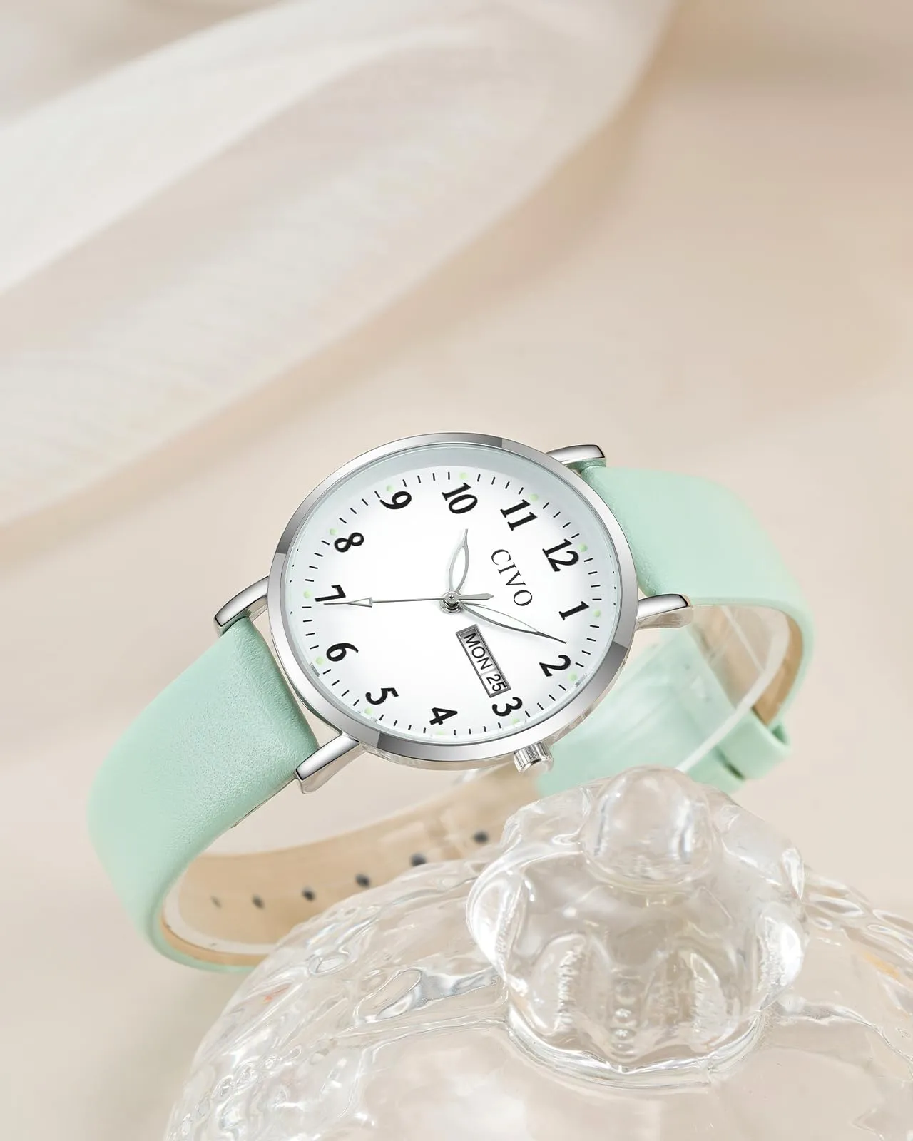 CIVO Orologio Donna Analogico 35mm Quadrante Grande Numeri Verde Argento - immagine 2