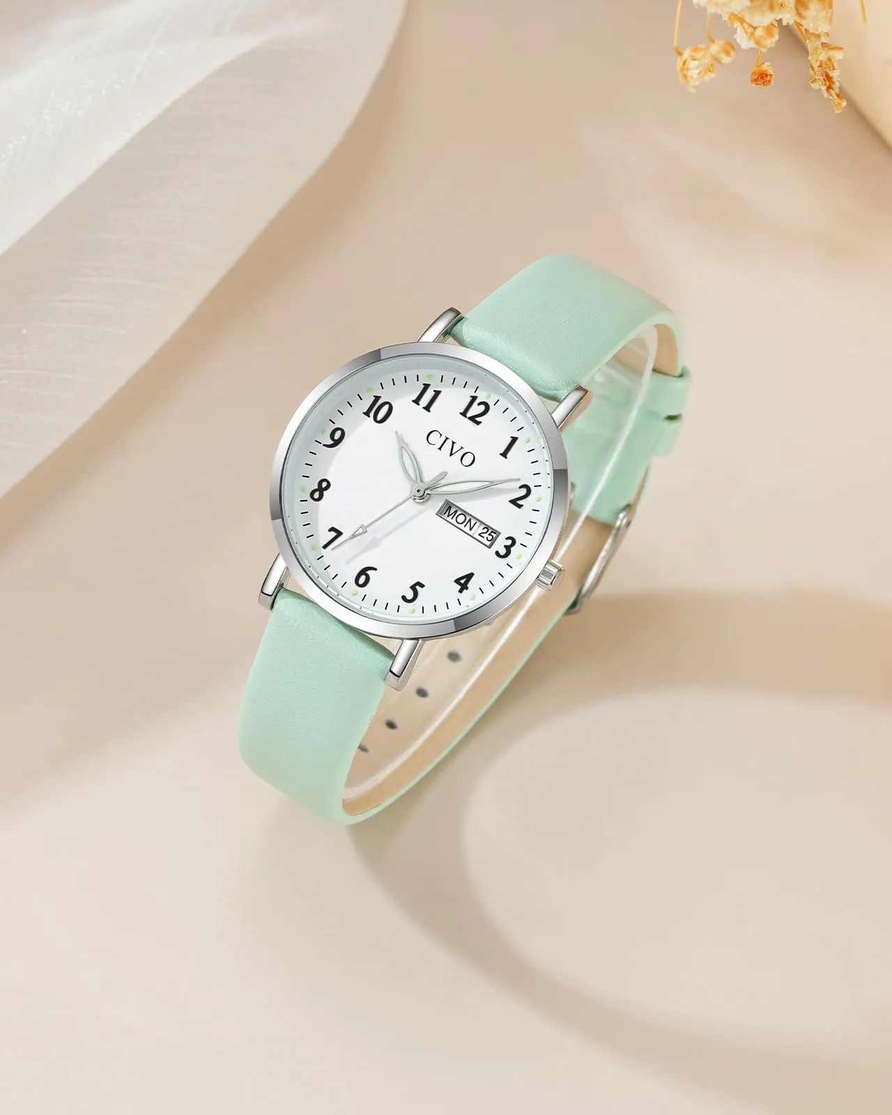 CIVO Orologio Donna Analogico 35mm Quadrante Grande Numeri Verde Argento - immagine 3
