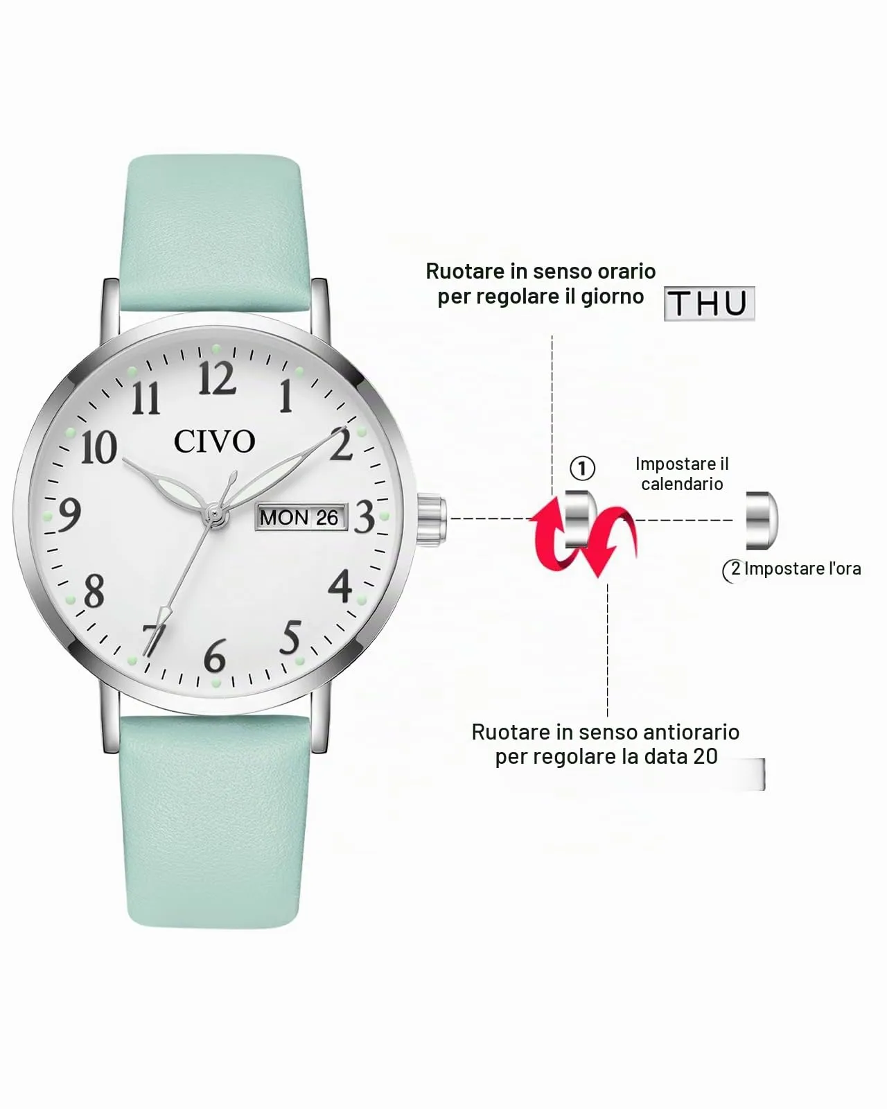 CIVO Orologio Donna Analogico 35mm Quadrante Grande Numeri Verde Argento - immagine 6