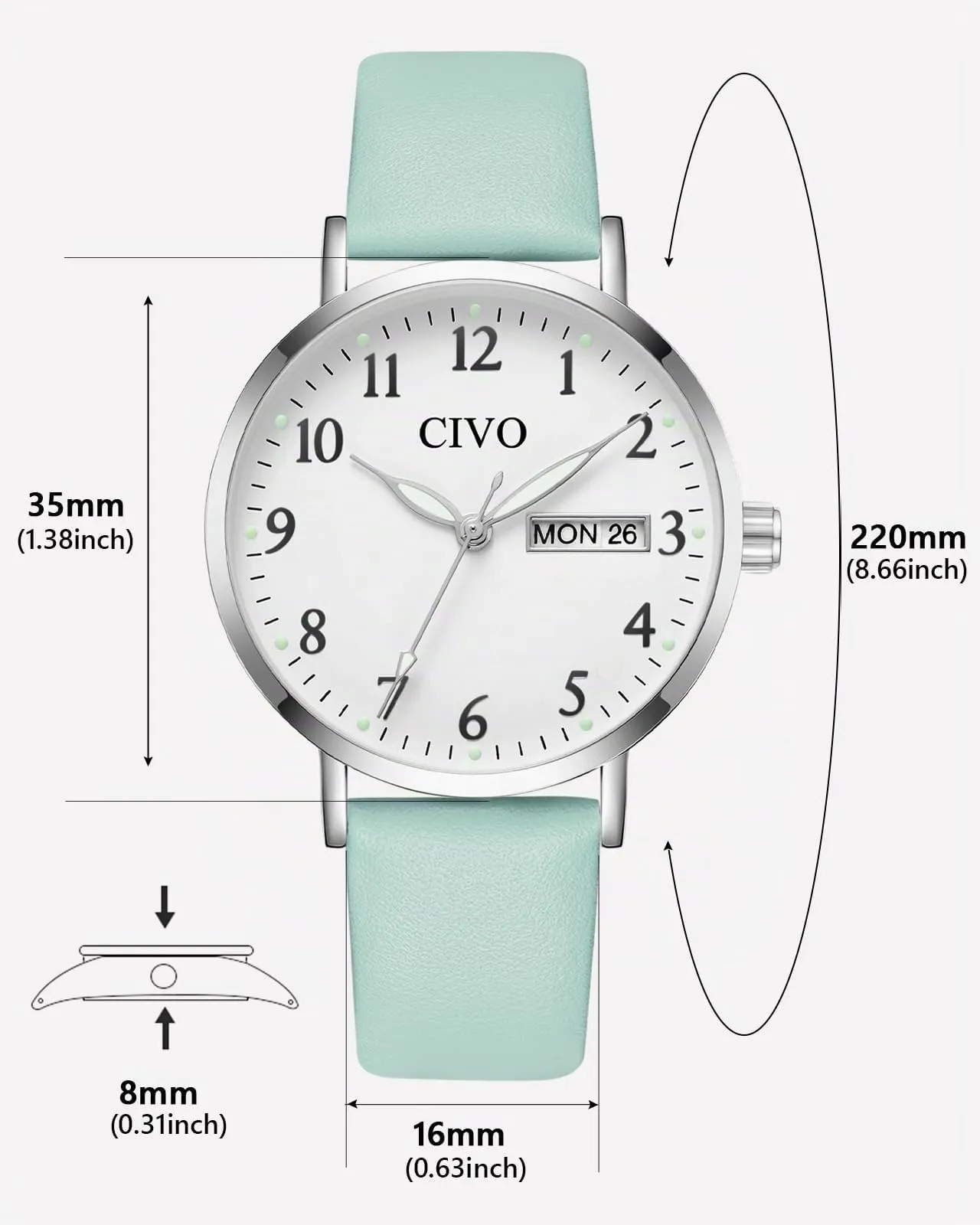 CIVO Orologio Donna Analogico 35mm Quadrante Grande Numeri Verde Argento - immagine 7
