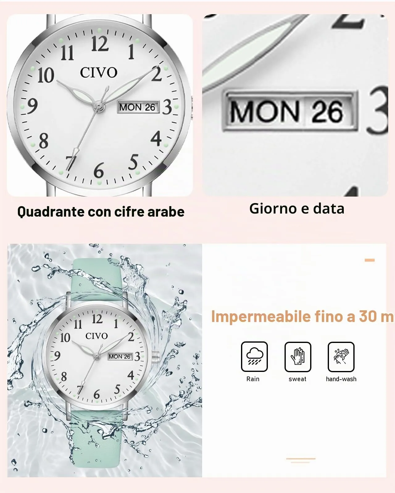 CIVO Orologio Donna Analogico 35mm Quadrante Grande Numeri Verde Argento - immagine 9