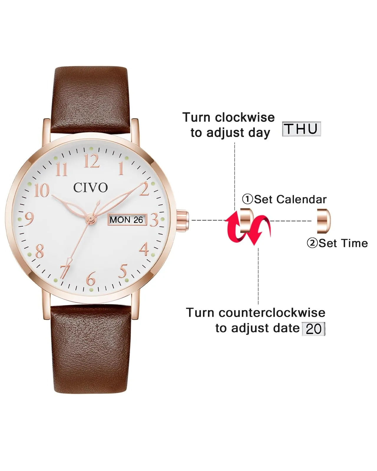 CIVO Orologio Donna Analogico 35mm Quadrante Grande Numeri 2408r Marrone - immagine 7