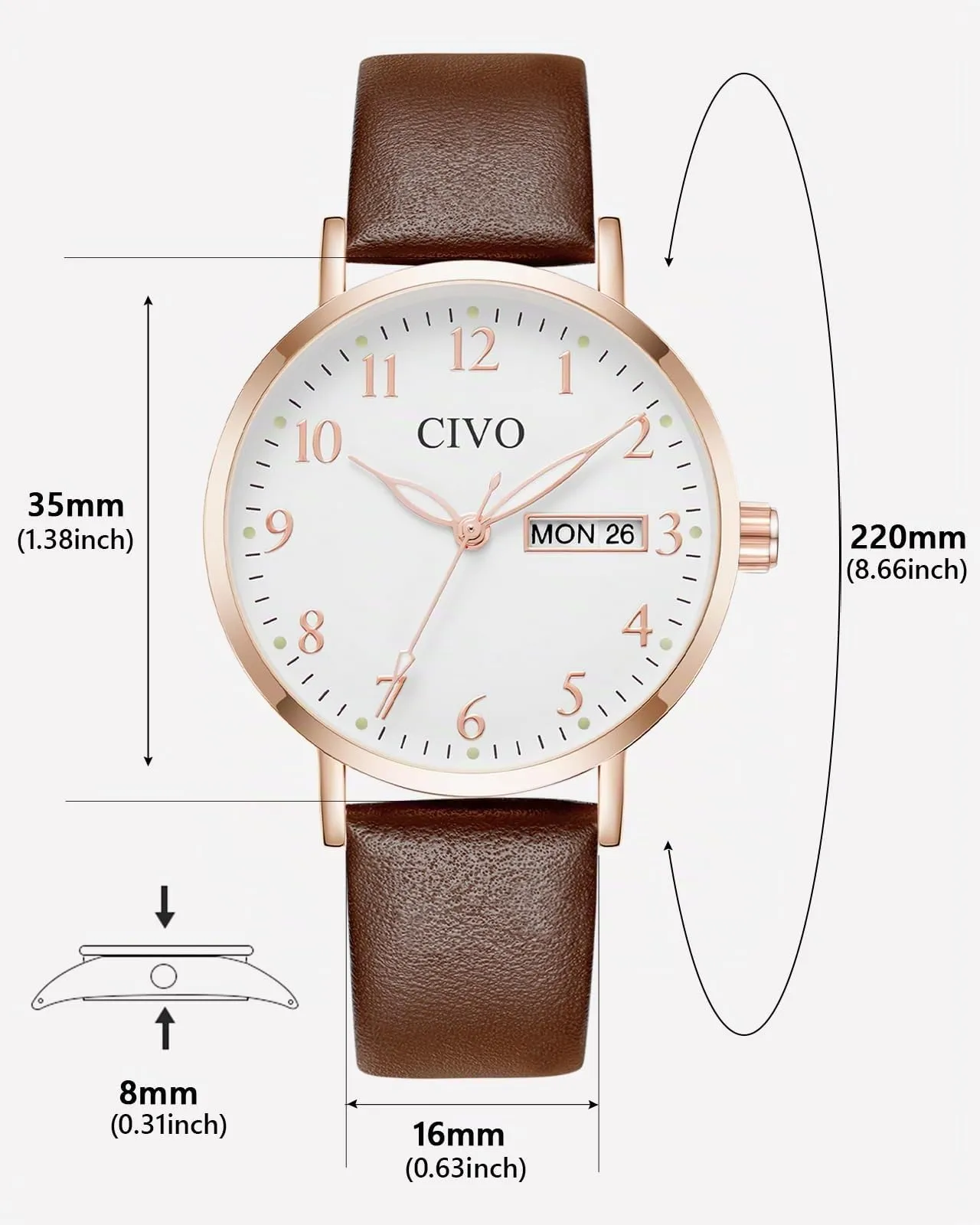 CIVO Orologio Donna Analogico 35mm Quadrante Grande Numeri 2408r Marrone - immagine 8