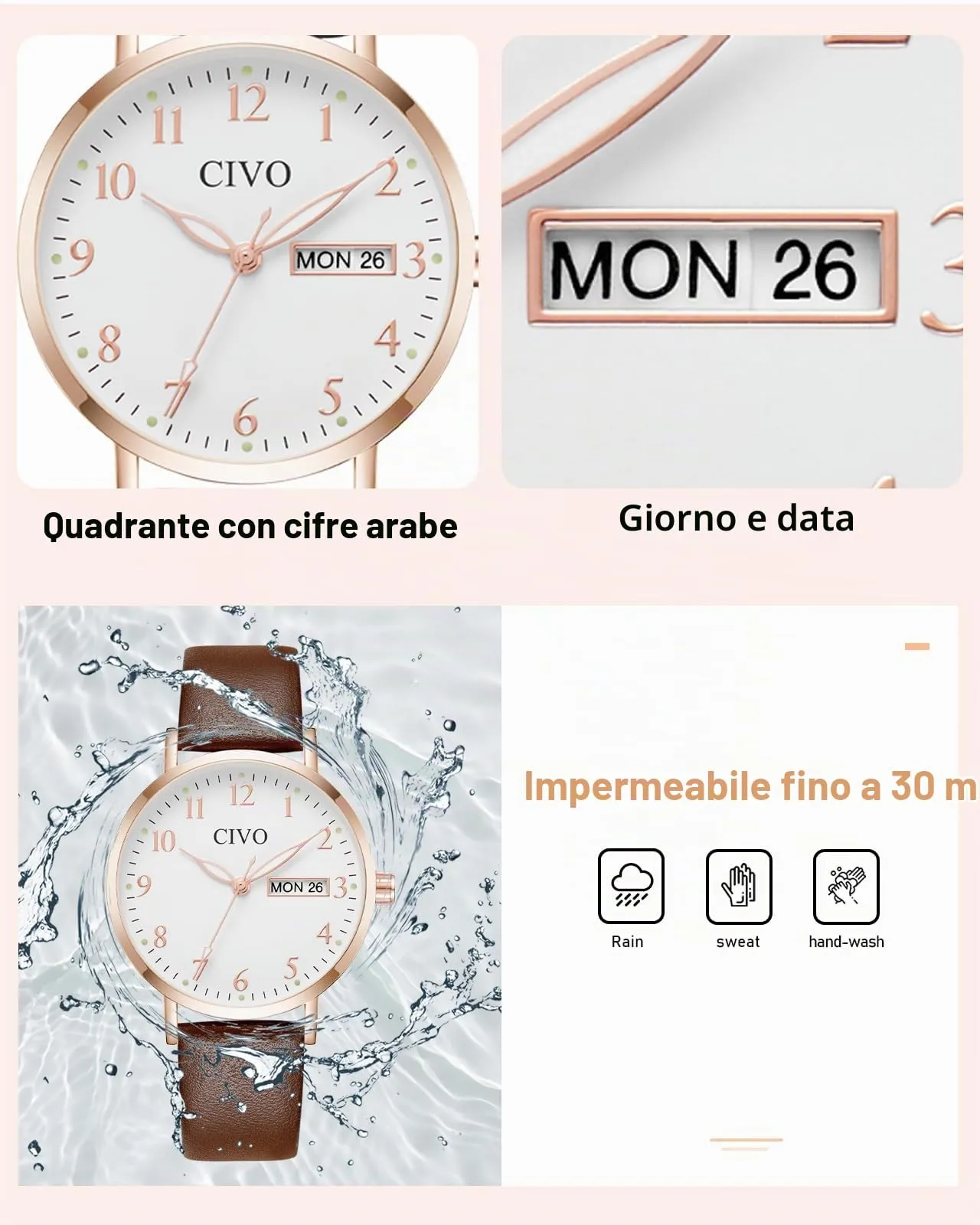 CIVO Orologio Donna Analogico 35mm Quadrante Grande Numeri 2408r Marrone - immagine 9