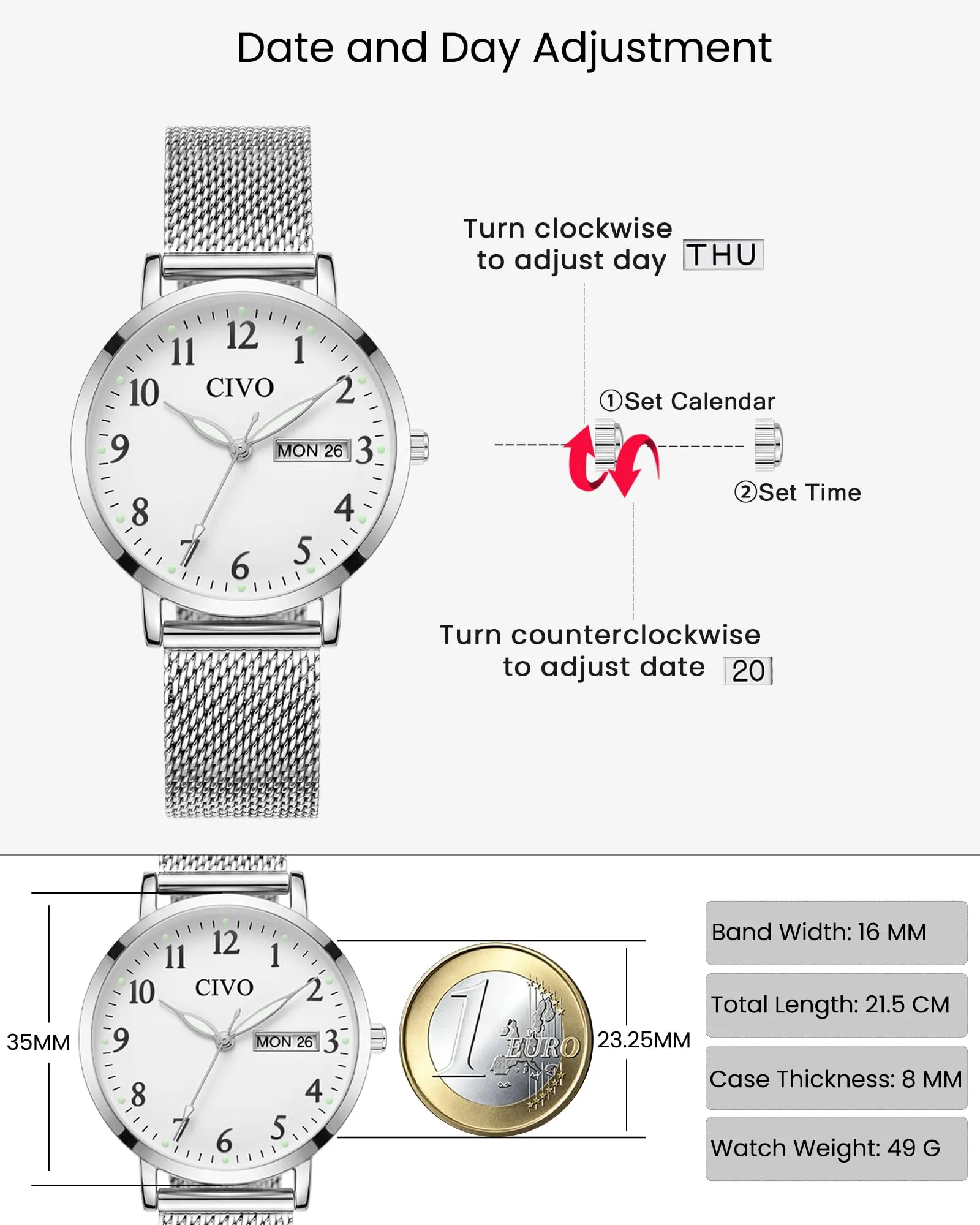 CIVO Orologio Donna Analogico Quadrante 35mm 2408m-silver - immagine 5