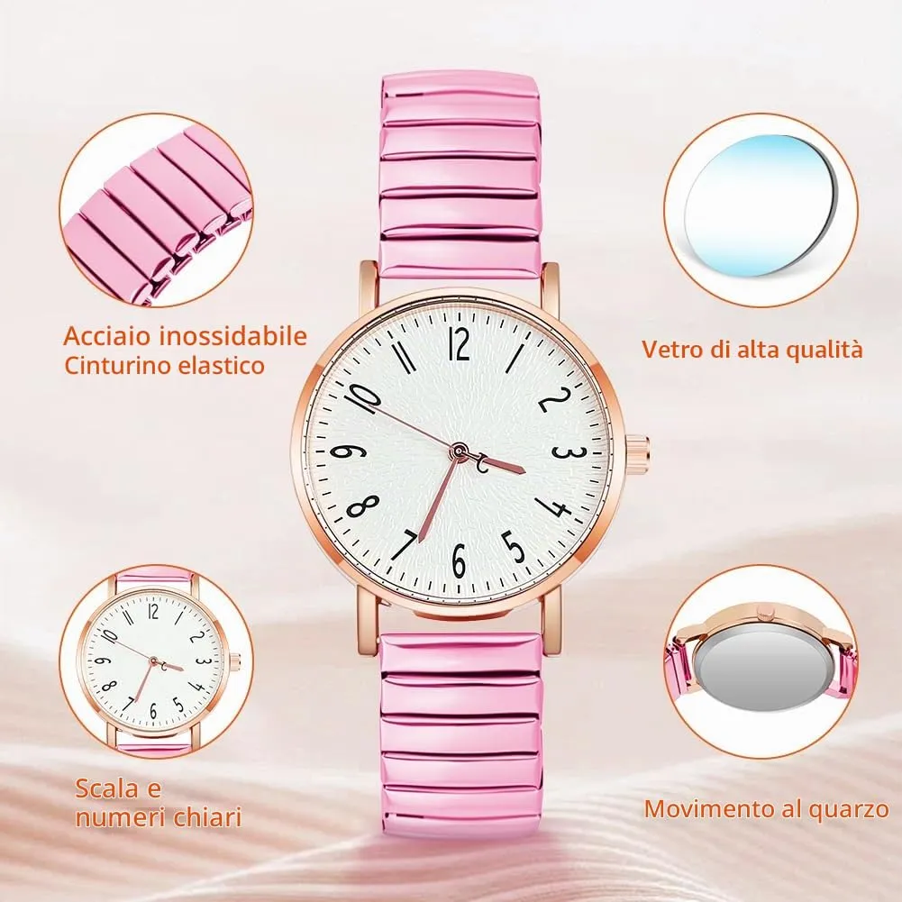AOOSU Orologio Analogico da Donna con Cinturino in Metallo Elastico, Rosa - immagine 3