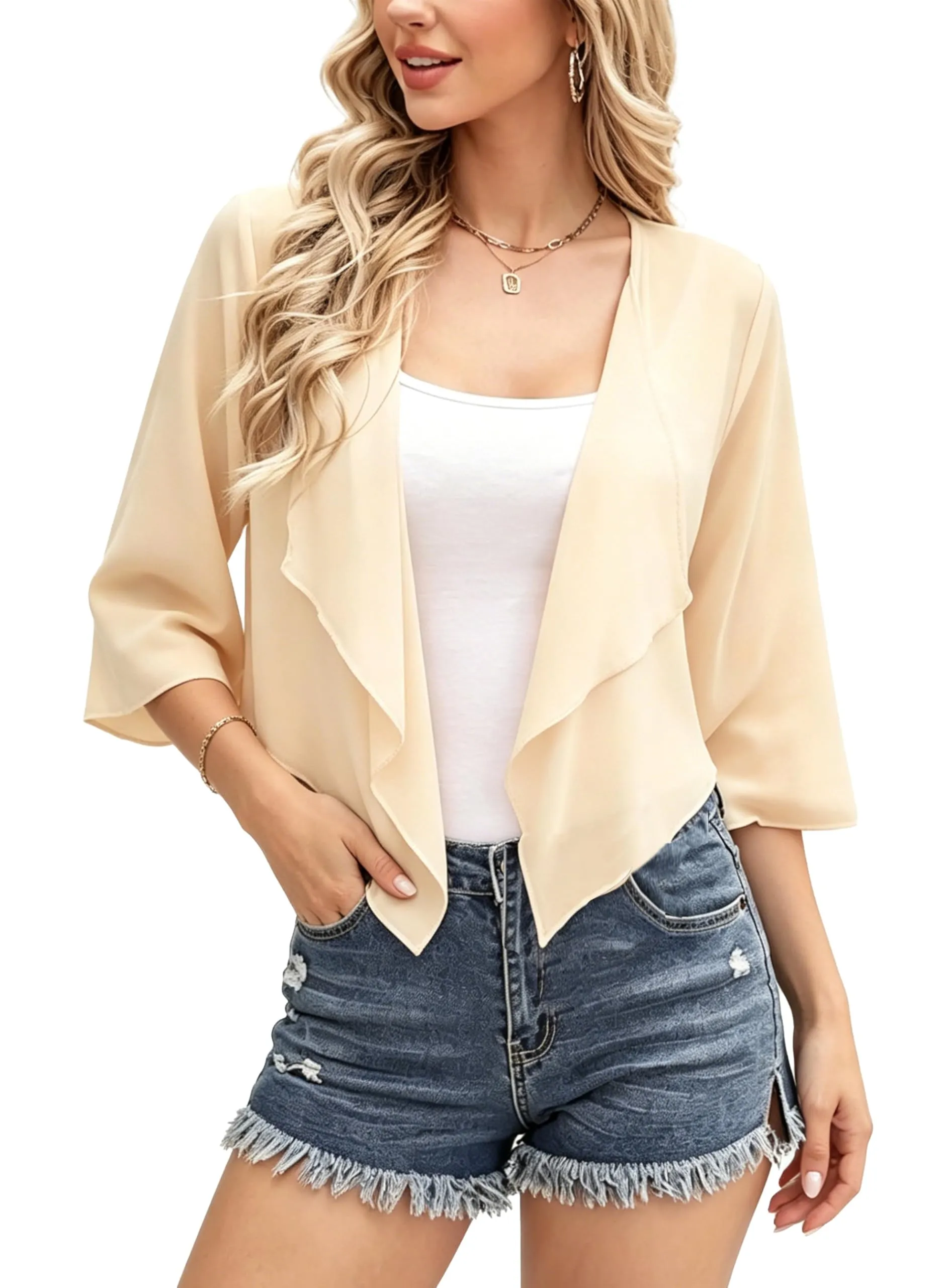 Vossmi Coprispalle in Chiffon da Donna Cardigan Corto Champagne, S - immagine 1