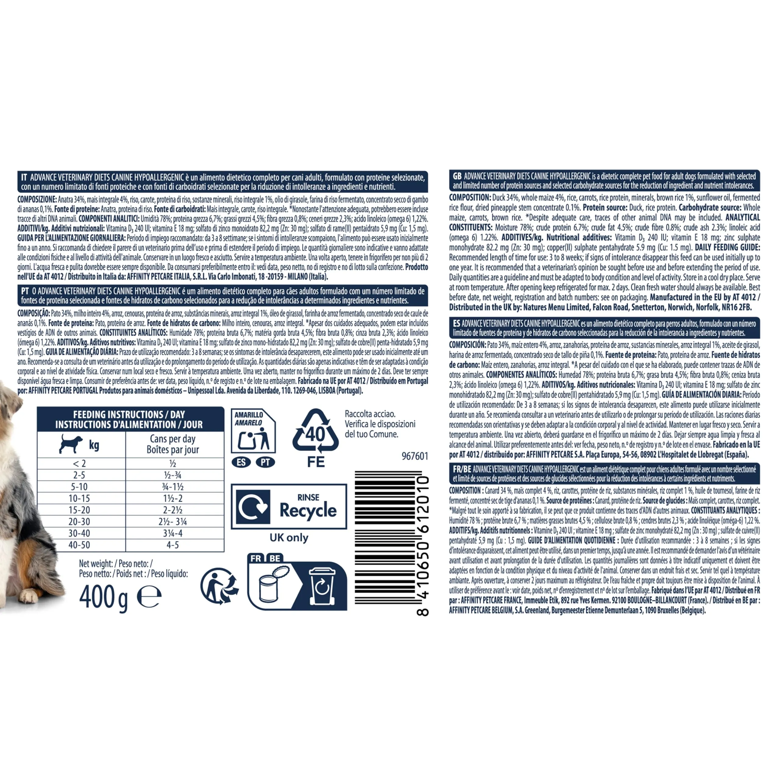 Affinity Advance Veterinary Diets Hypoallergenic Cibo Umido per Cani con Anatra, 6 x 400g - immagine 4