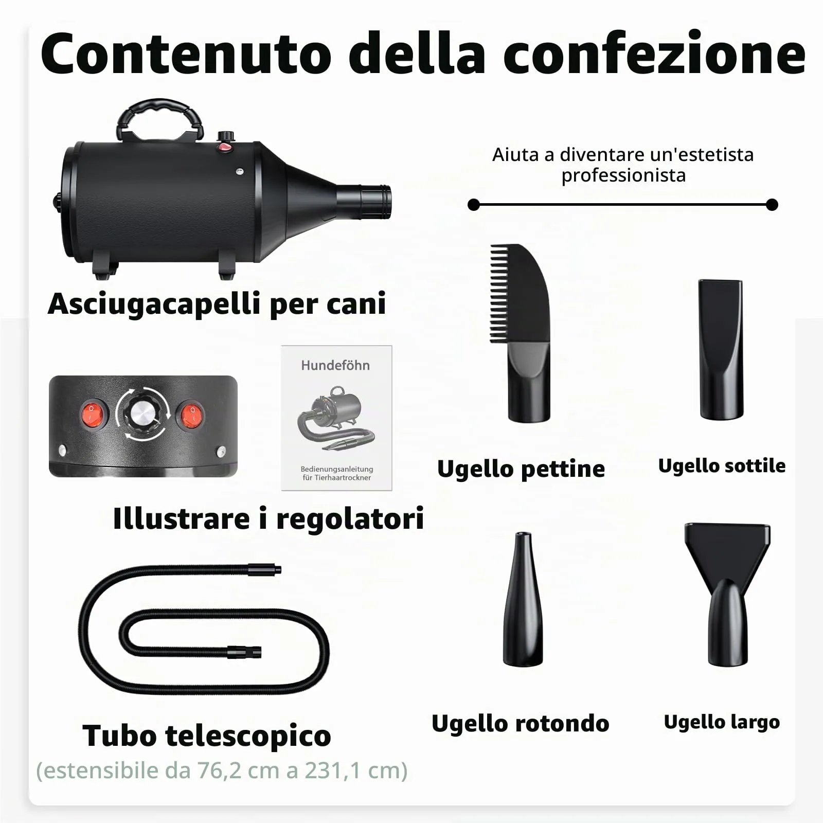 Trigrand Soffiatore per Cani 3000W, velocità regolabile, 4 ugelli e tubo elastico - immagine 6