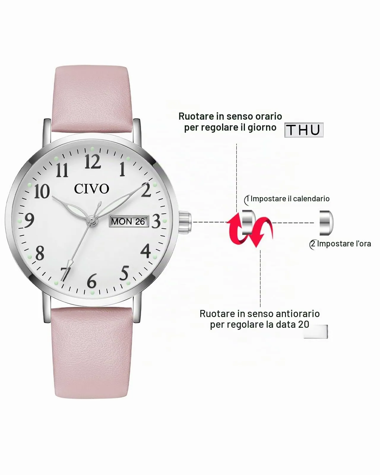 CIVO Orologio Donna Analogico Quadrante 35mm Numeri Grandi 2408s - immagine 7
