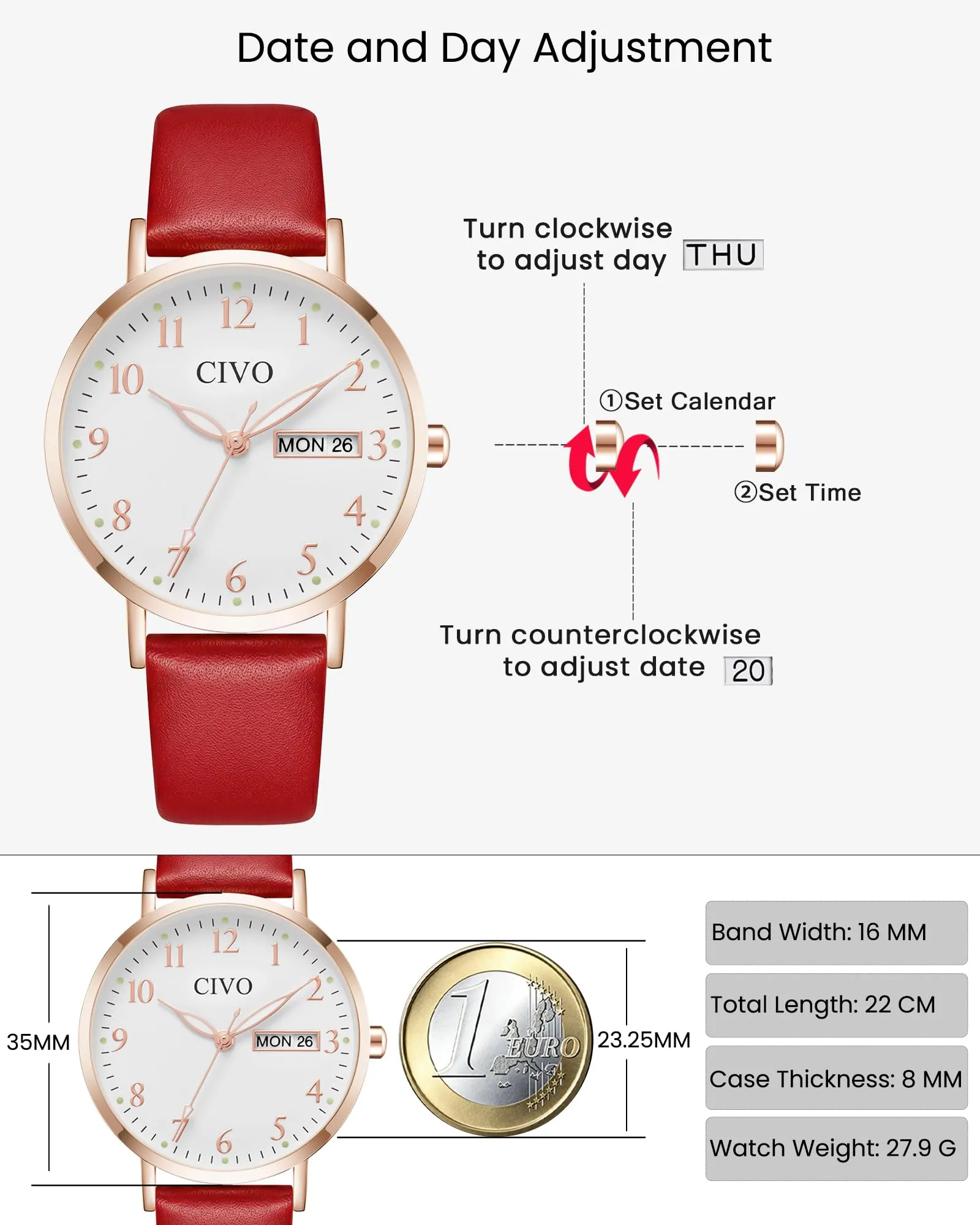 CIVO Orologio Donna Analogico 35mm Quadrante Grande Numeri Rosso 2408C - immagine 4
