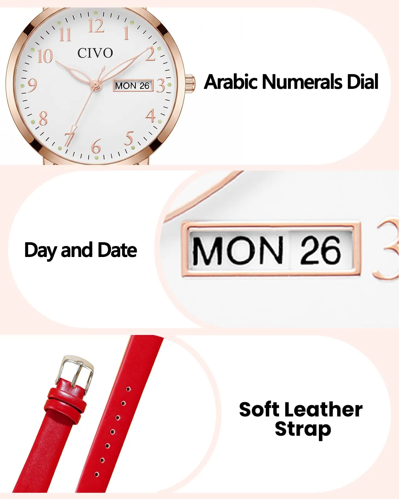 CIVO Orologio Donna Analogico 35mm Quadrante Grande Numeri Rosso 2408C - immagine 5