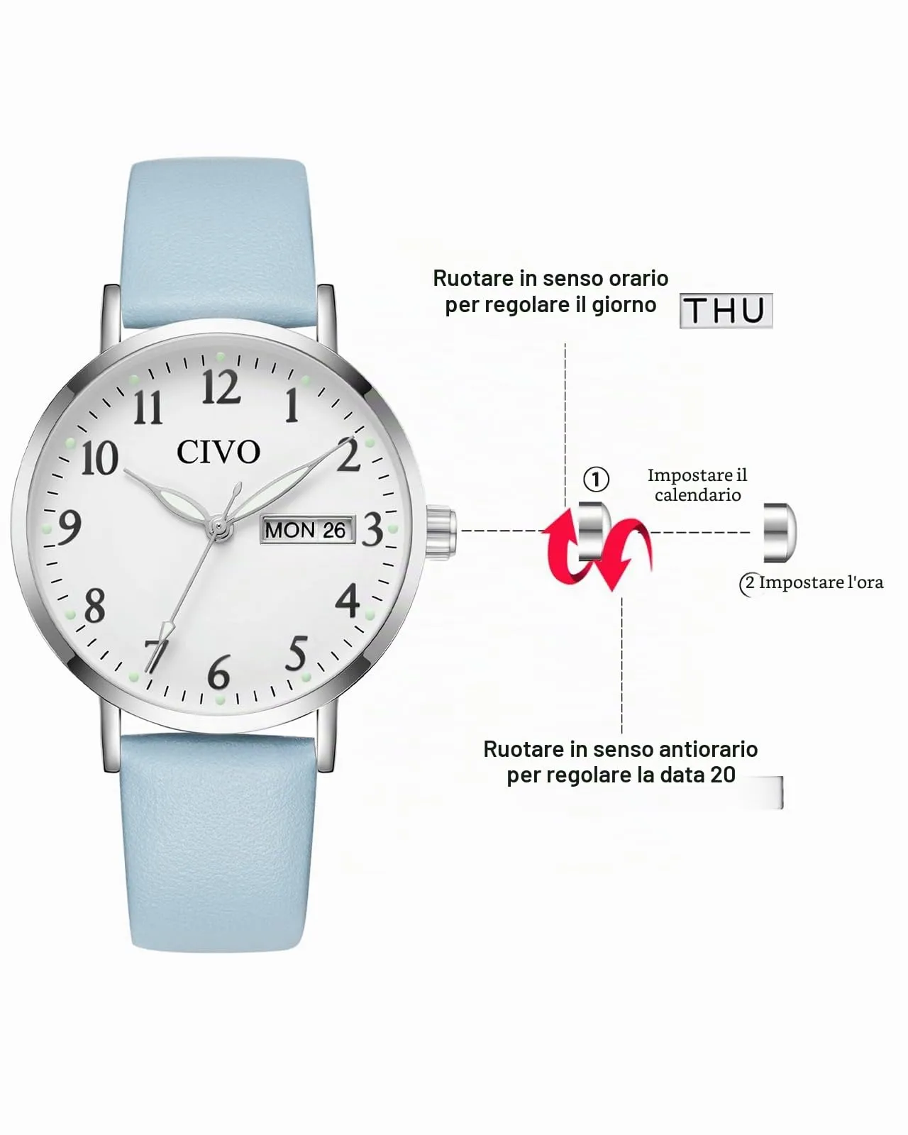 CIVO Orologio Donna Analogico 35mm Quadrante Grande Numeri 2408s Blu Argento - immagine 6
