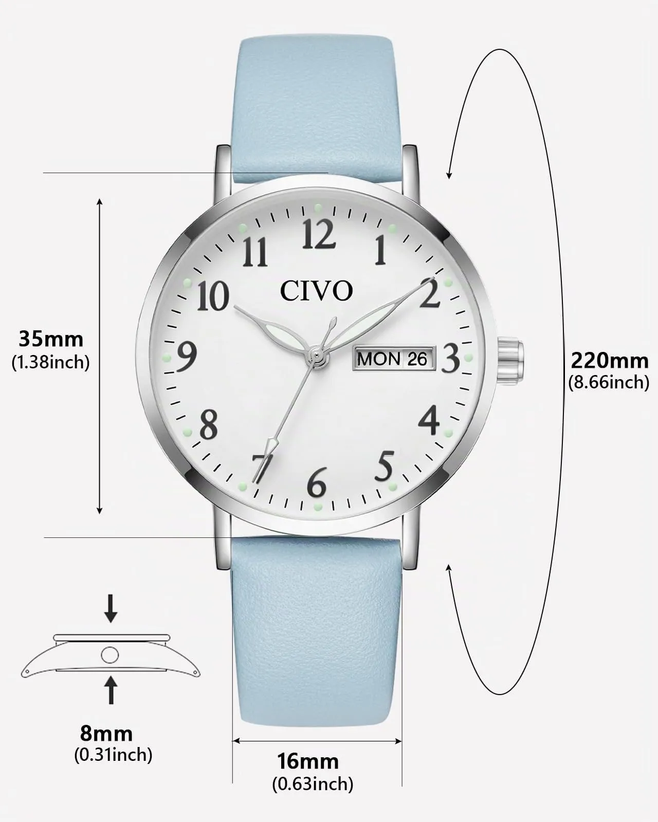 CIVO Orologio Donna Analogico 35mm Quadrante Grande Numeri 2408s Blu Argento - immagine 7