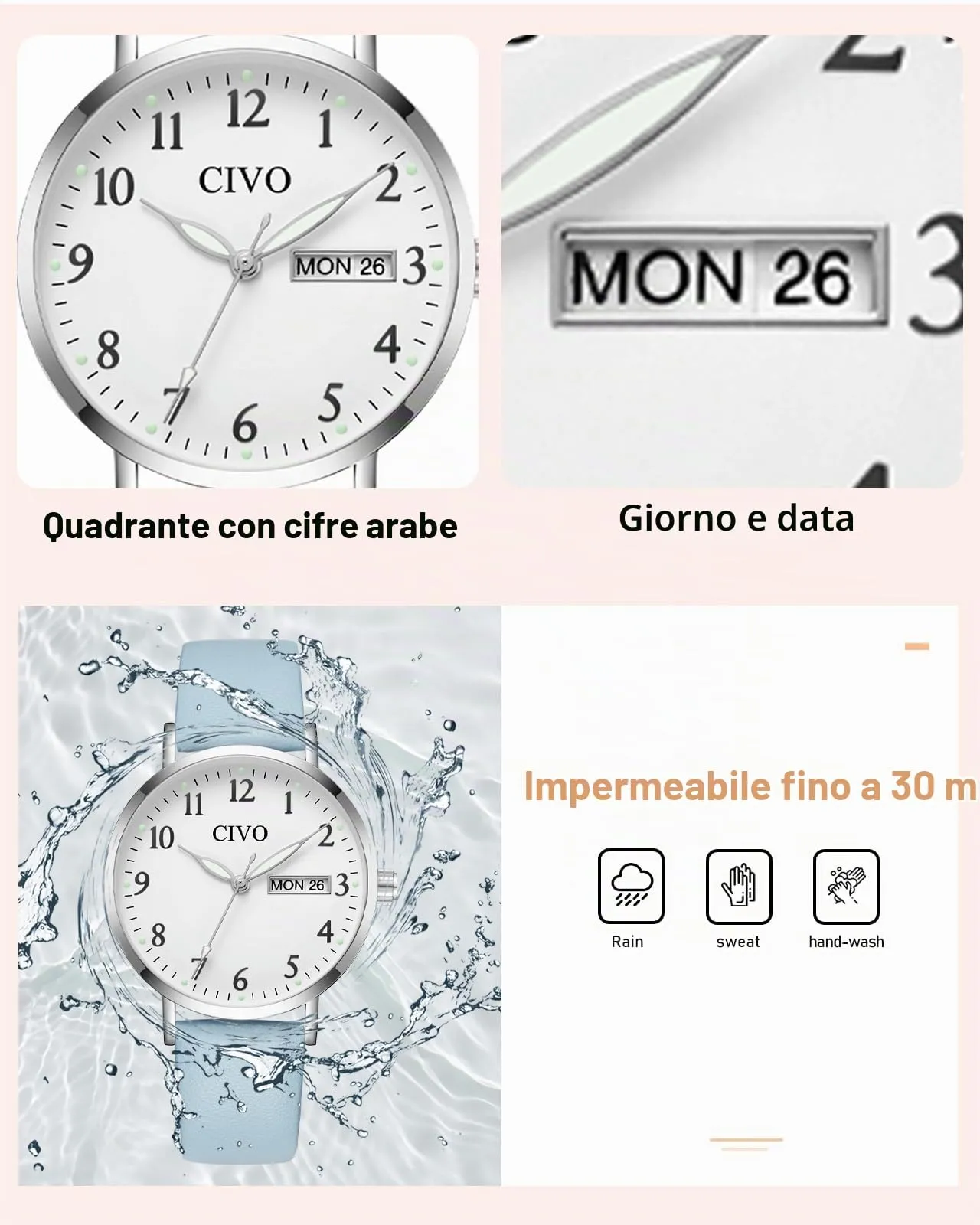 CIVO Orologio Donna Analogico 35mm Quadrante Grande Numeri 2408s Blu Argento - immagine 9
