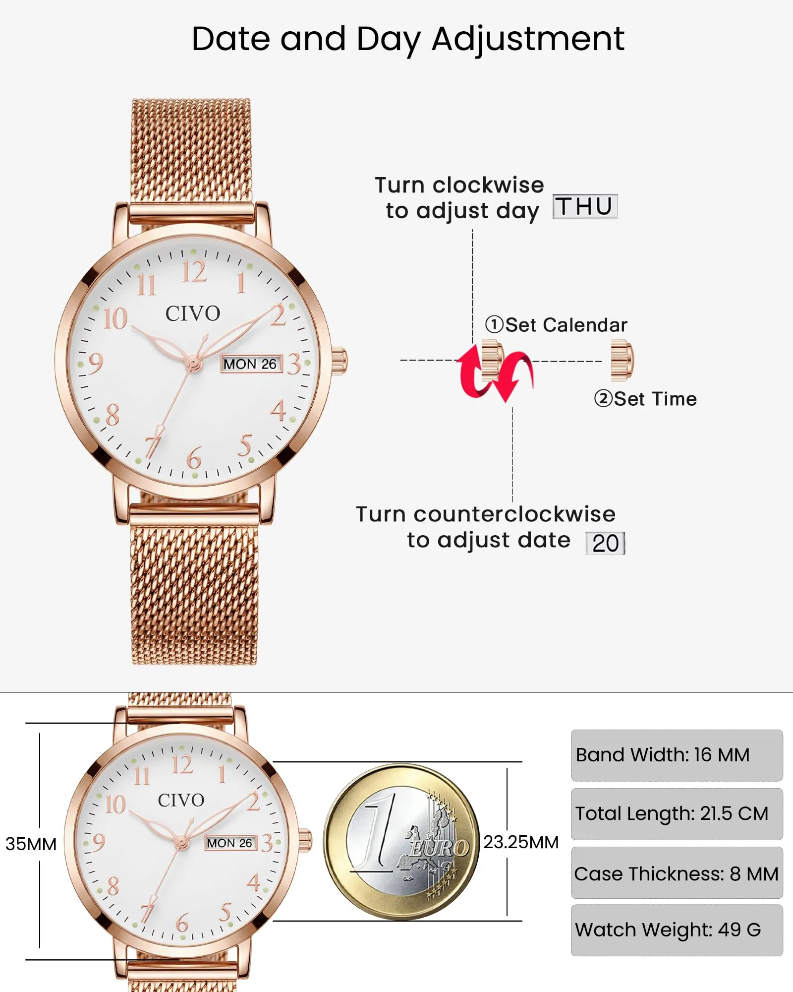 CIVO Orologio Donna Analogico Quadrante 35mm 2408M Rosegold - immagine 5