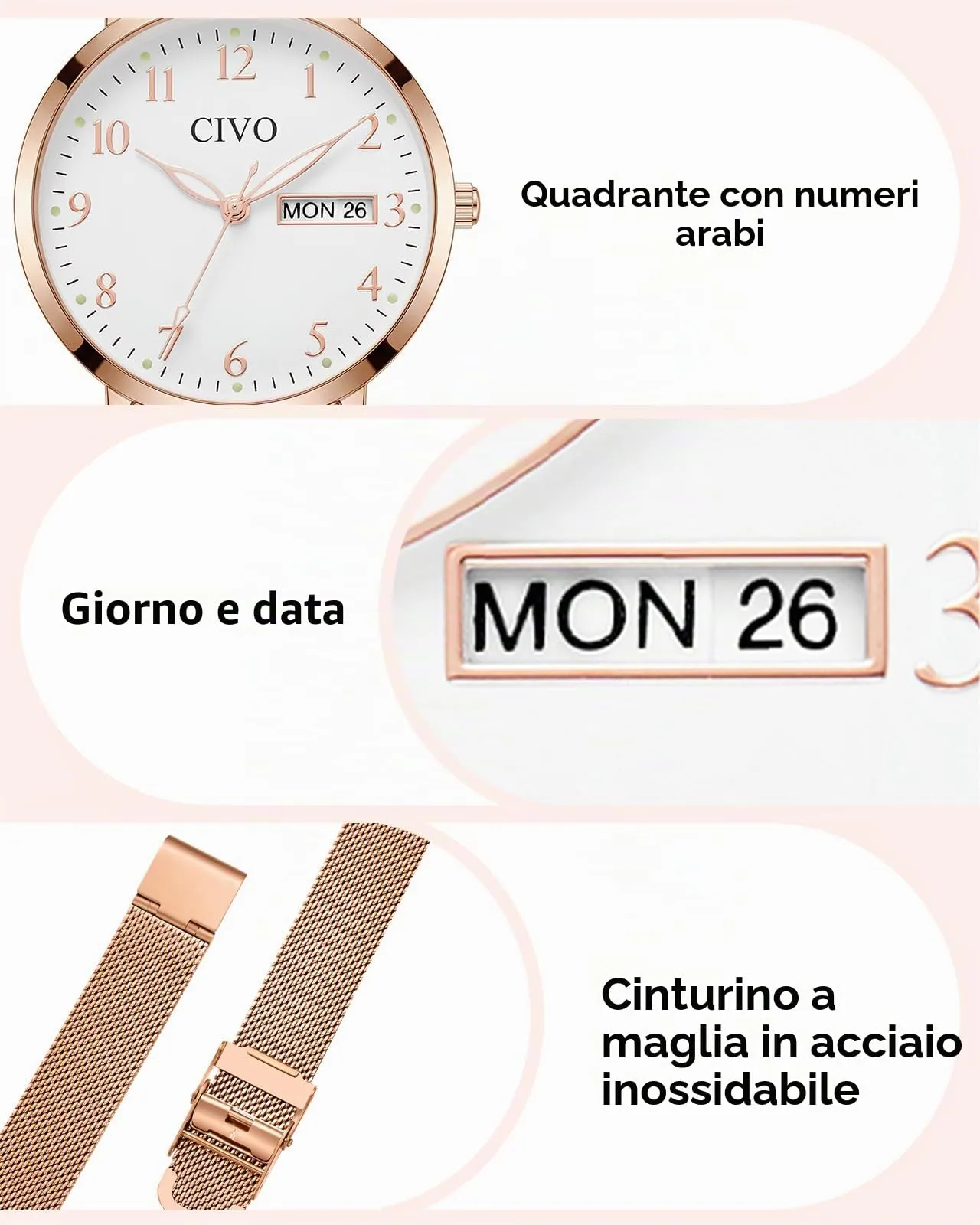 CIVO Orologio Donna Analogico Quadrante 35mm 2408M Rosegold - immagine 6