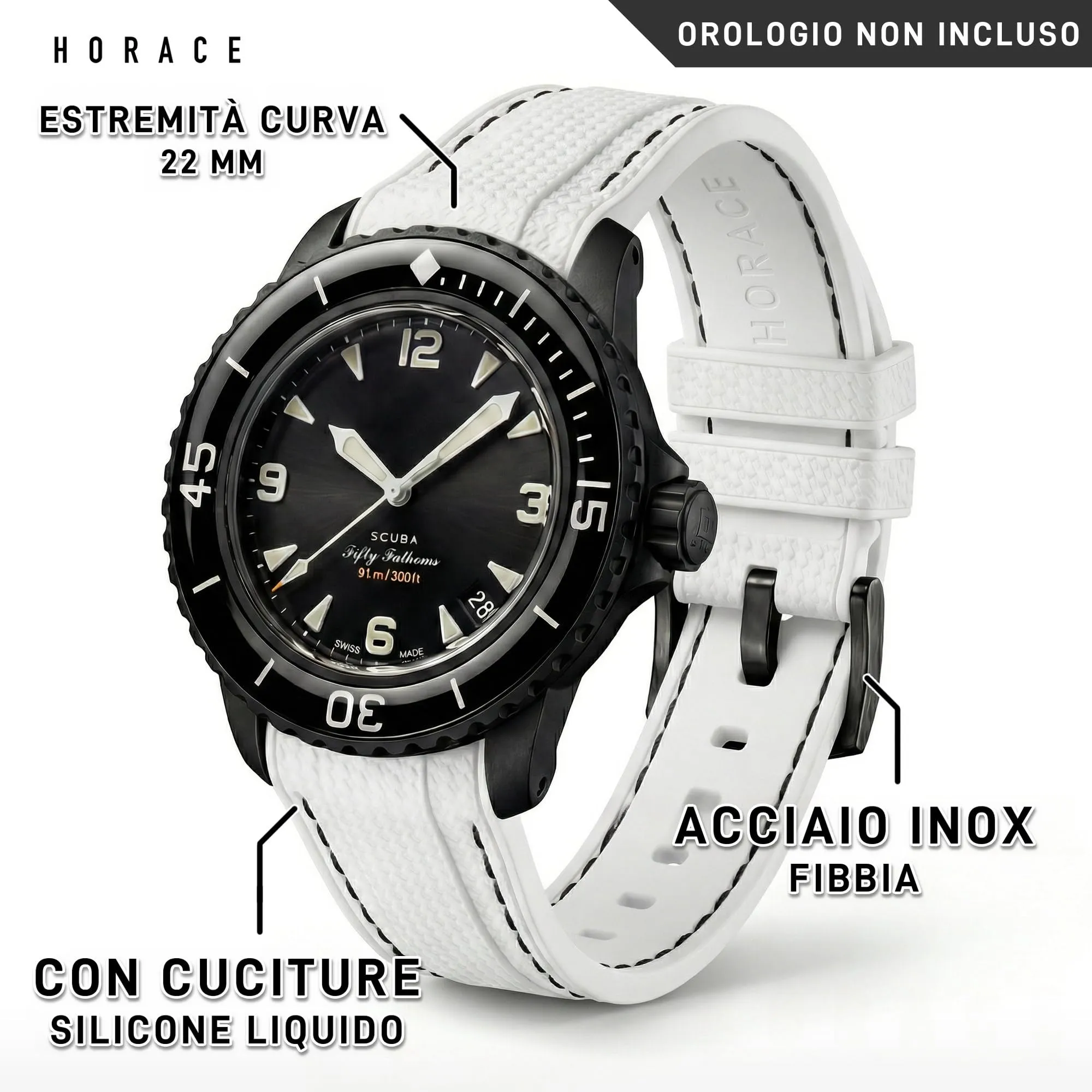 HORACE Cinturino in Silicone Liquido 22 mm per Blancpain x Swatch Scuba Fifty Fathoms (Bianco - Cucitura Nera) - immagine 2