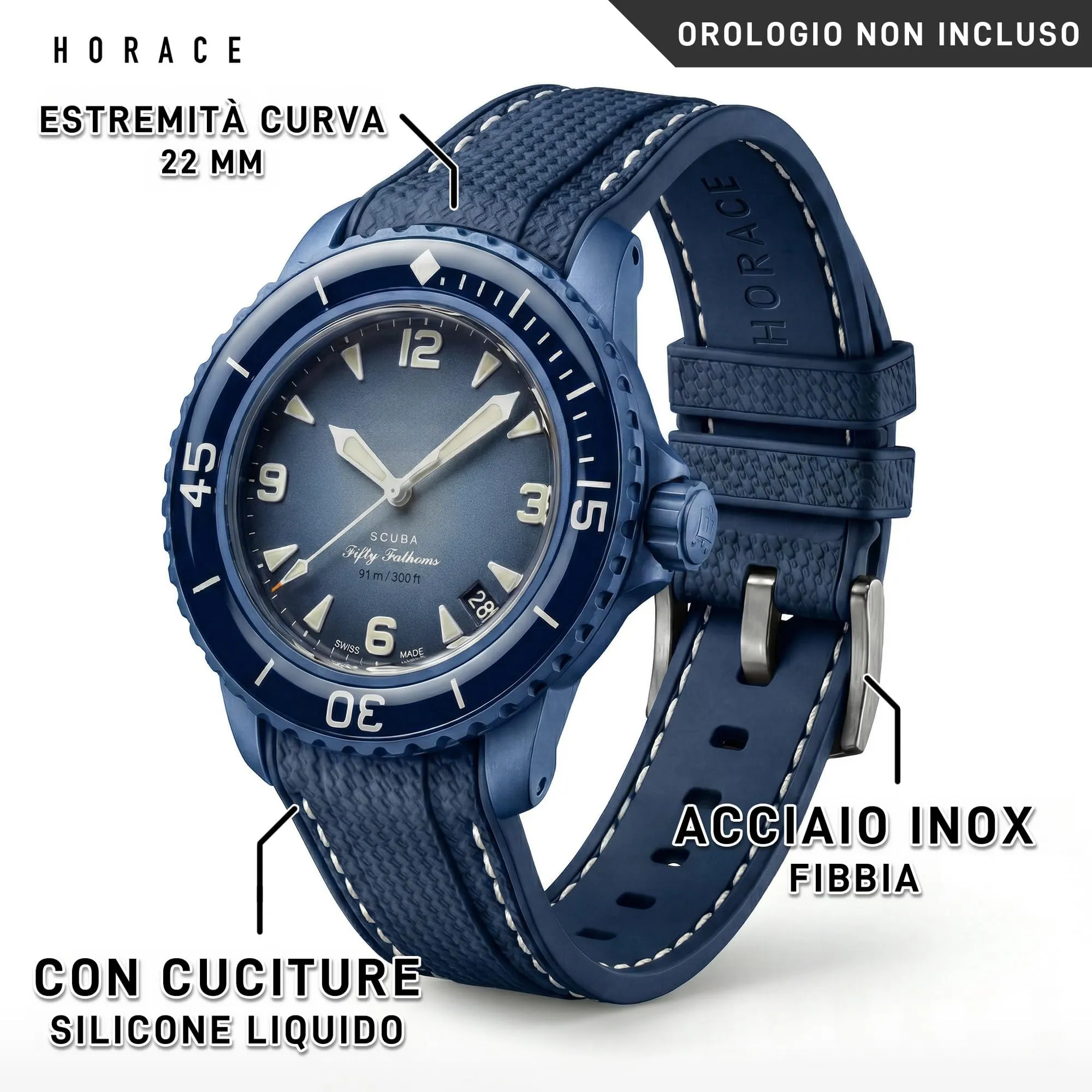 HORACE Cinturino in Silicone Liquido 22mm per Blancpain x Swatch Scuba Fifty Fathoms - Blu con Cucitura Bianca - immagine 2