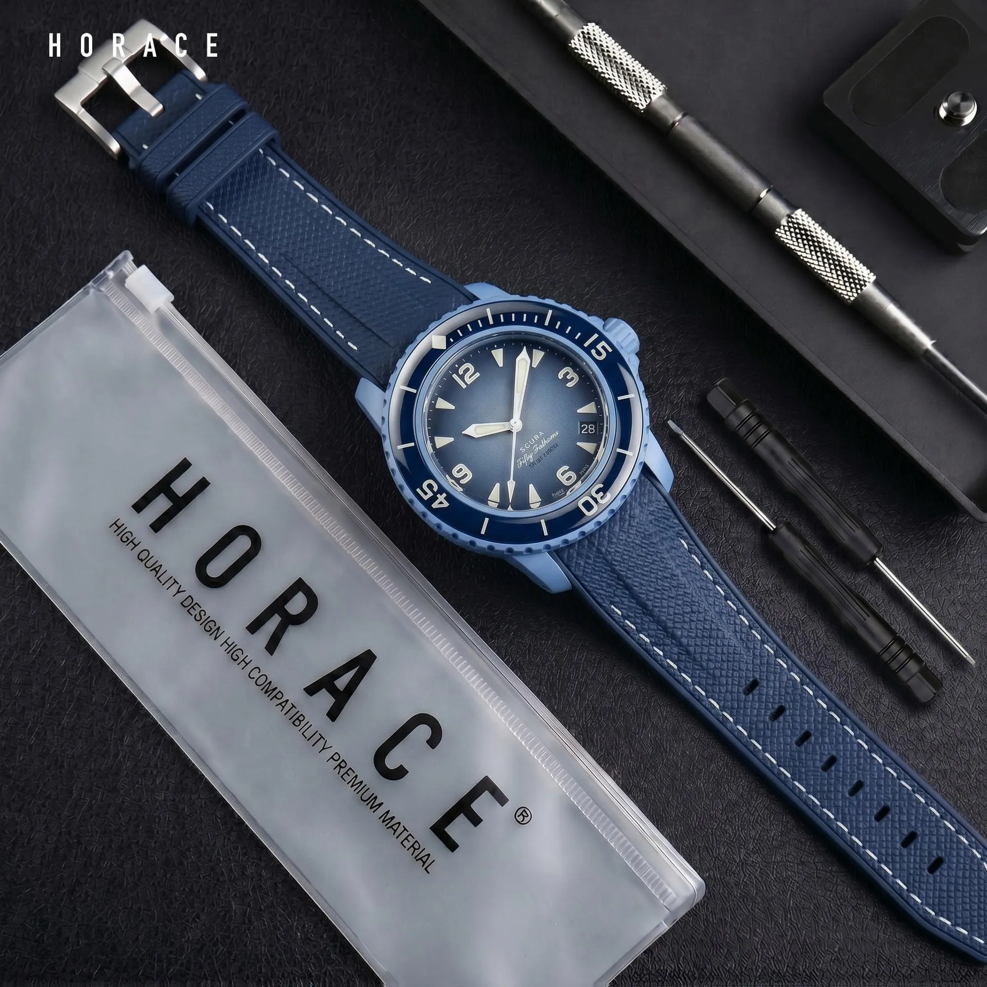HORACE Cinturino in Silicone Liquido 22mm per Blancpain x Swatch Scuba Fifty Fathoms - Blu con Cucitura Bianca - immagine 3